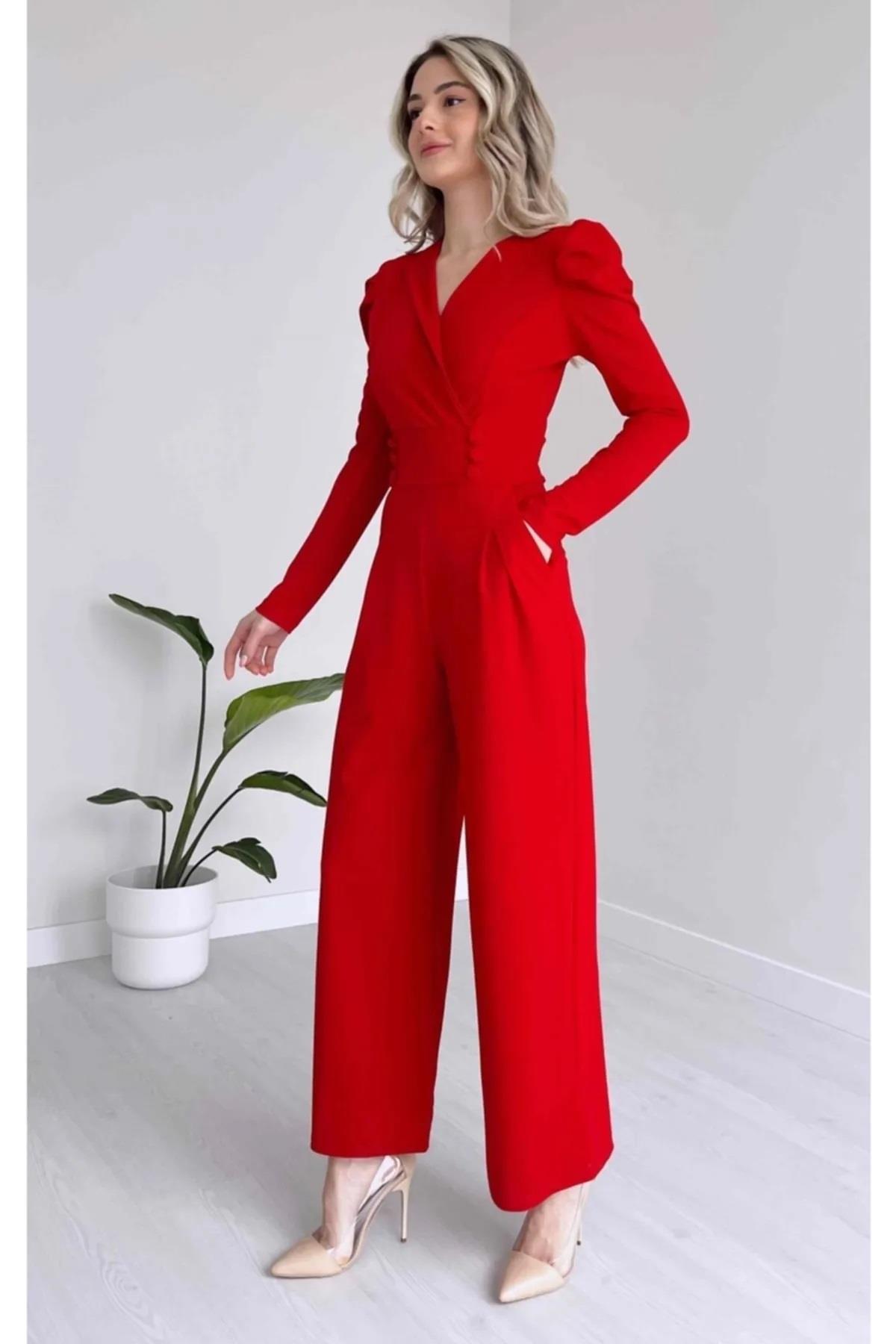 Krep Kumaş Düğme Detay Geniş Paça Uzun Kollu Kırmızı Abiye Tulum Red Bodysuit 029