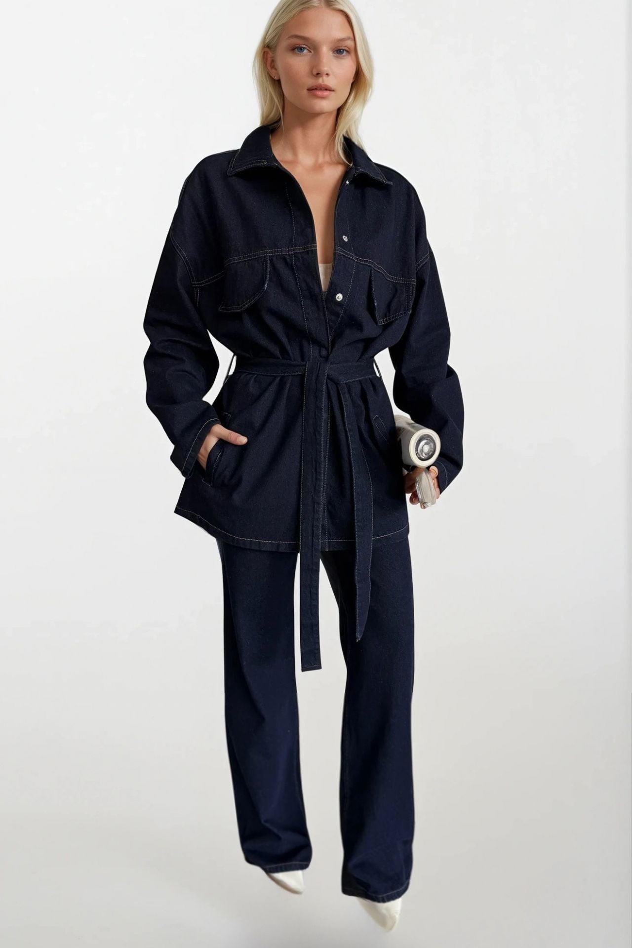 Kuşak Detay Denim Ceket