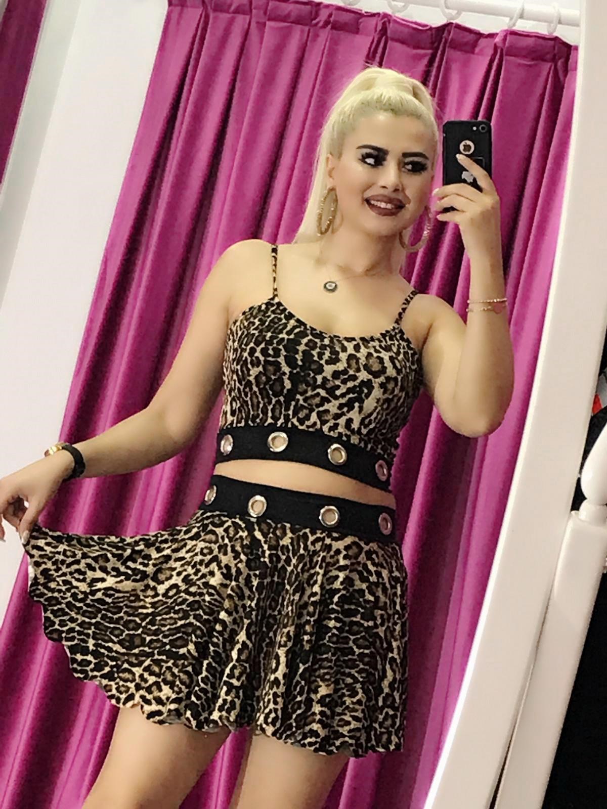 LEOPAR DESENLİ ESNEK KUMAŞ BÜSTİYER VE ETEK TAKIM SKIRT AND TOP SET KY-070-2