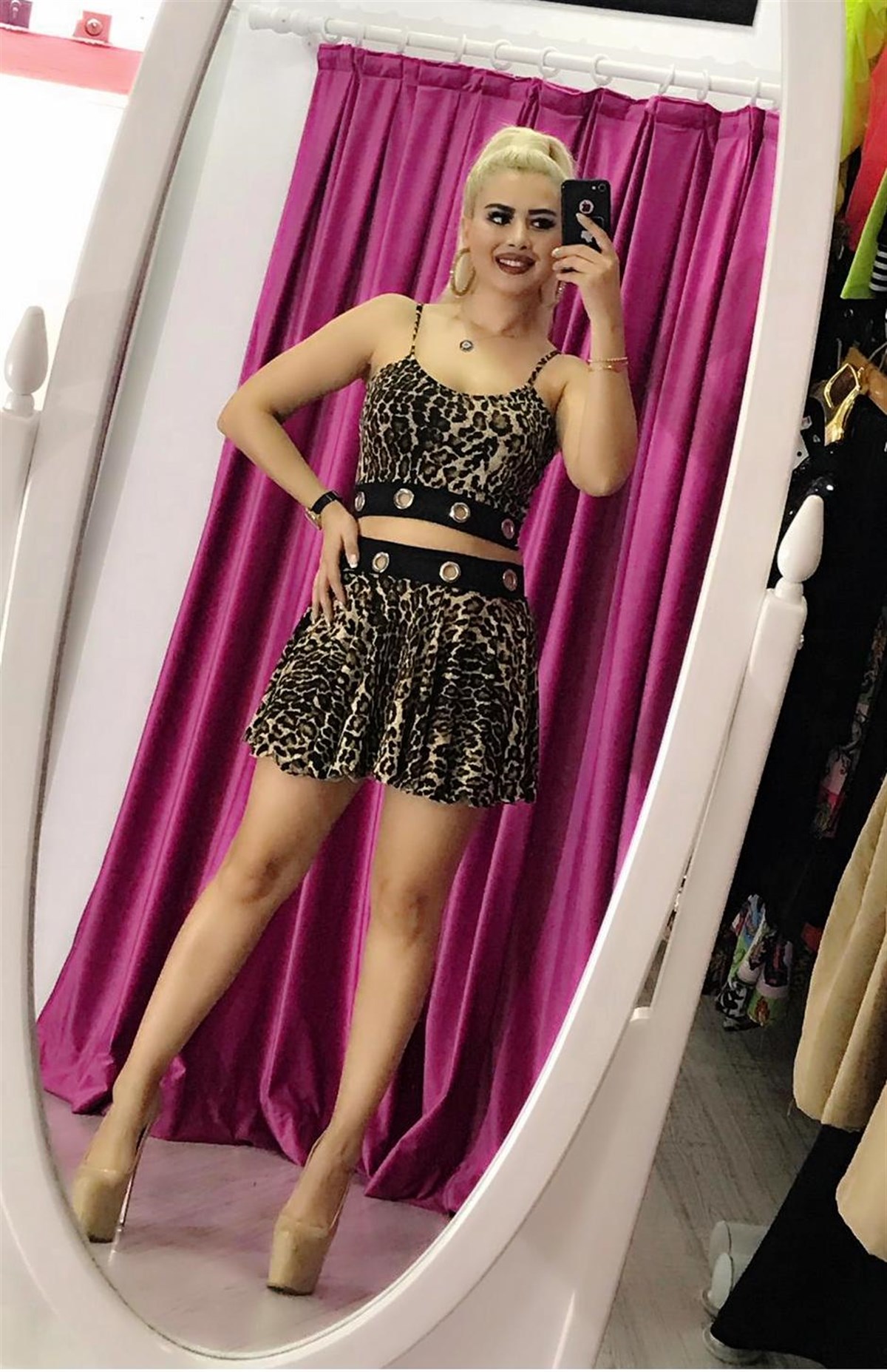 LEOPAR DESENLİ ESNEK KUMAŞ BÜSTİYER VE ETEK TAKIM SKIRT AND TOP SET KY-070-2