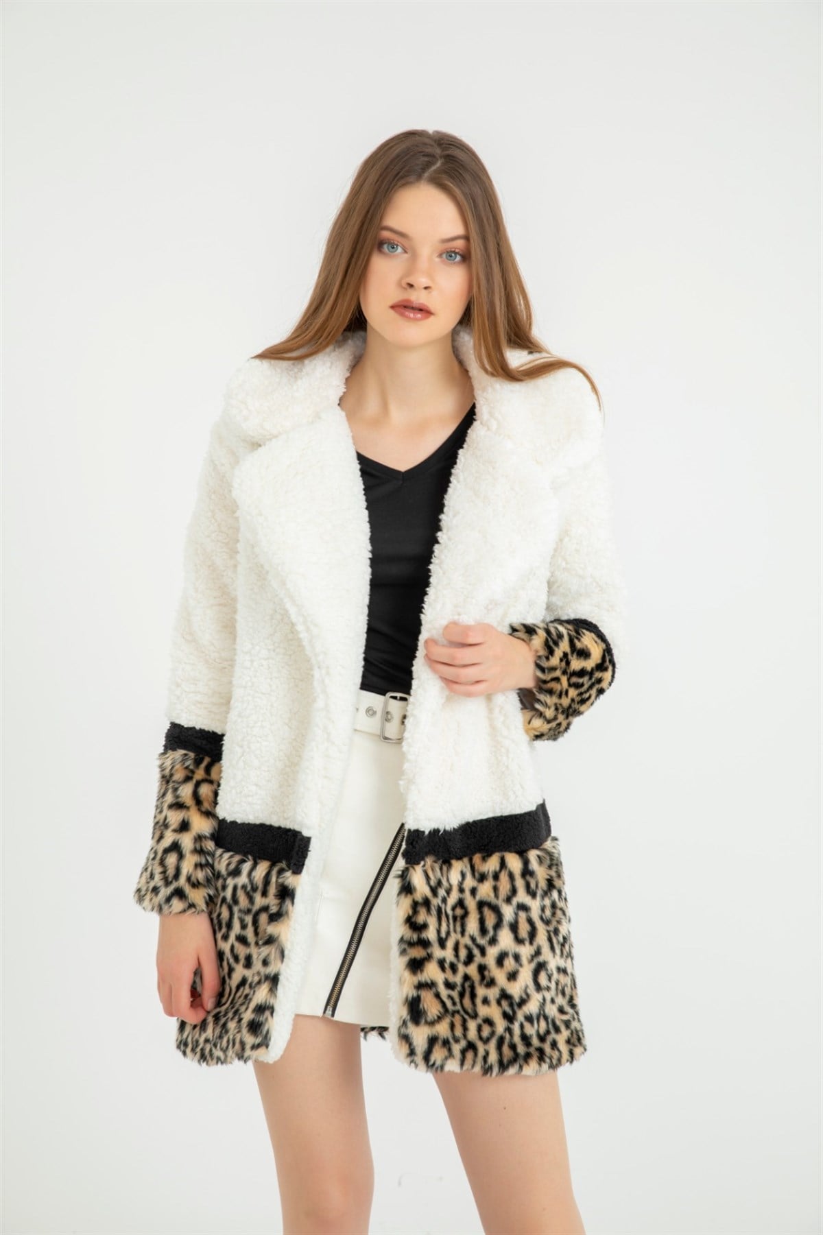 LEOPAR DETAYLI TEDDY KUMAŞ MONT BEYAZ TEDDY KUMAŞ PALTO PELUŞ KIŞLIK MONT KABAN WHITE LEOPARD COAT KTS-001