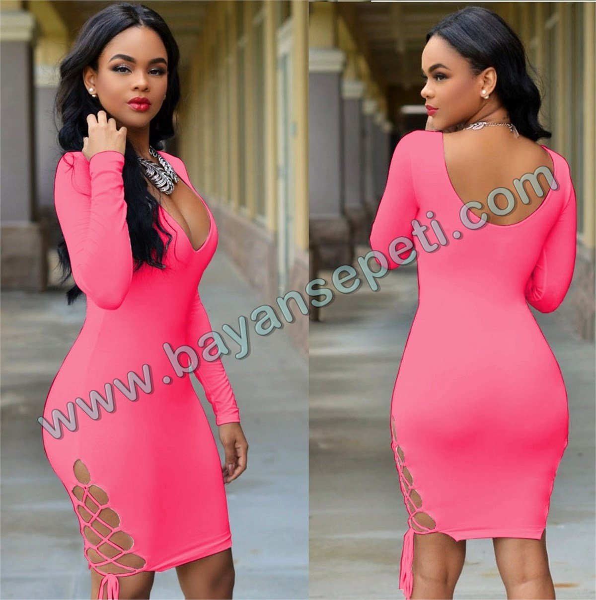 NEON PEMBE ESNEK DALGIÇ KUMAŞ GÖĞÜS DEKOLTELİ MİNİ ELBİSE DNM-217-11
