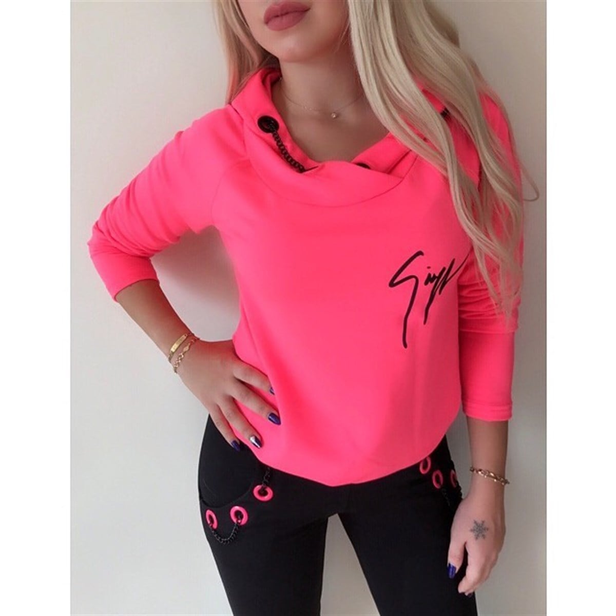 NEON PEMBE ESNEK KUMAŞ KAPİŞONLU ALT ÜST BAYAN EŞOFMAN TAKIM İKİ PARÇA BAYAN SPOR TAKIM ALT ÜST BAYAN TAKIM BAYAN SPOR TAKIM WOMAN SPORTSWEAR SET GD-006-2