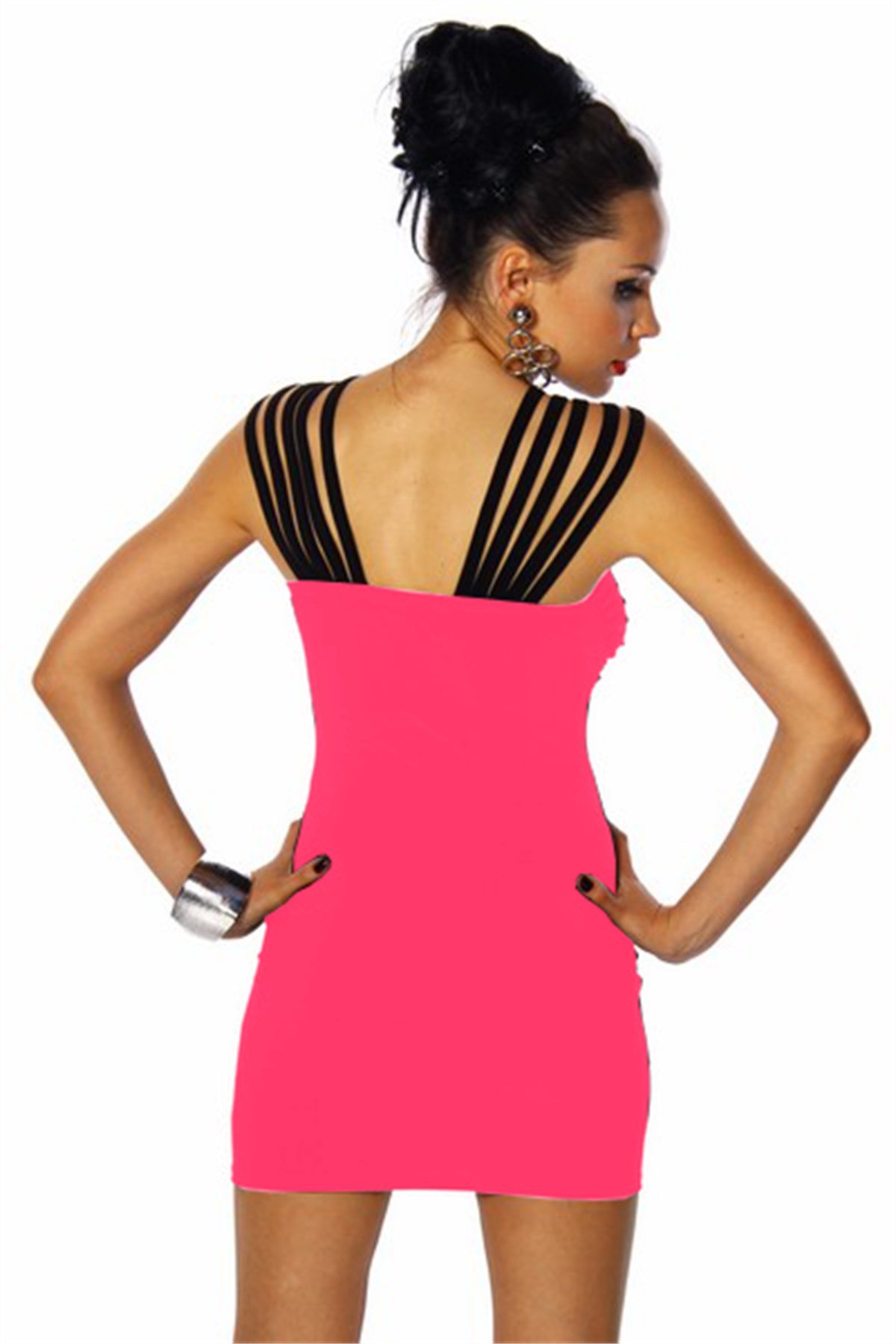 NEON PEMBE ESNEK SANDY KUMAŞ MİNİ ELBİSE DNM-128-11