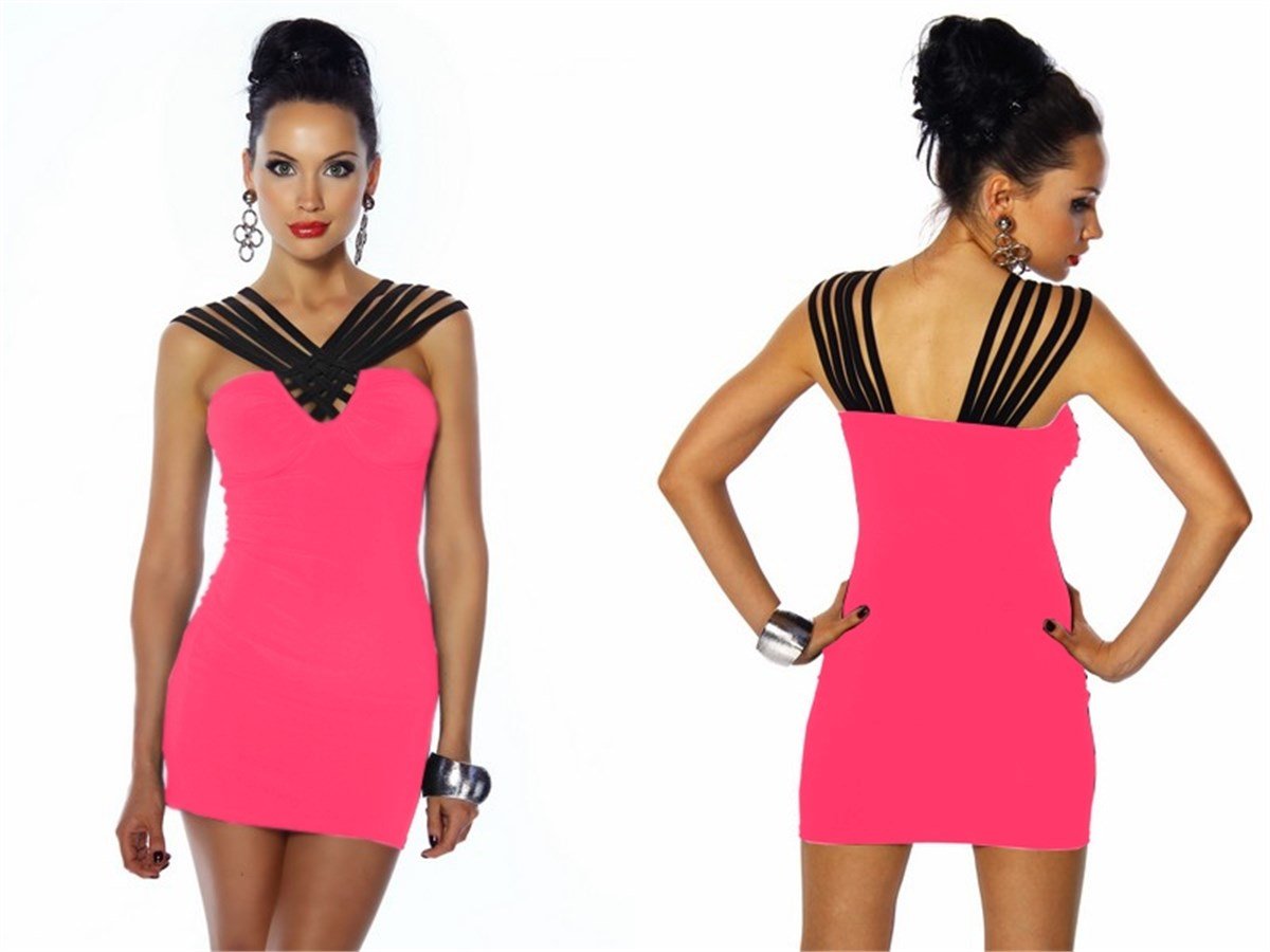 NEON PEMBE ESNEK SANDY KUMAŞ MİNİ ELBİSE DNM-128-11