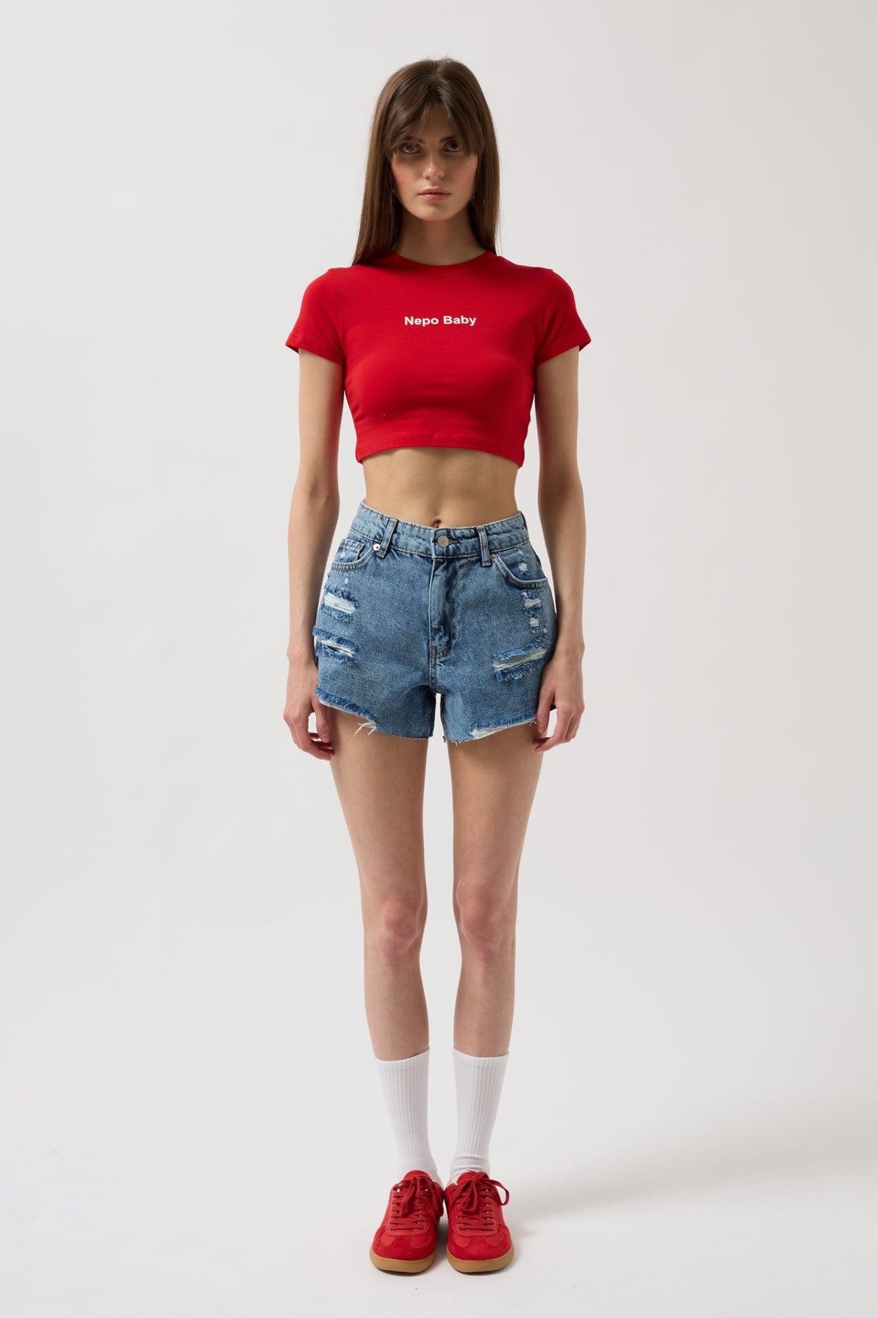Nepo Baskılı Crop Kırmızı T-Shirt