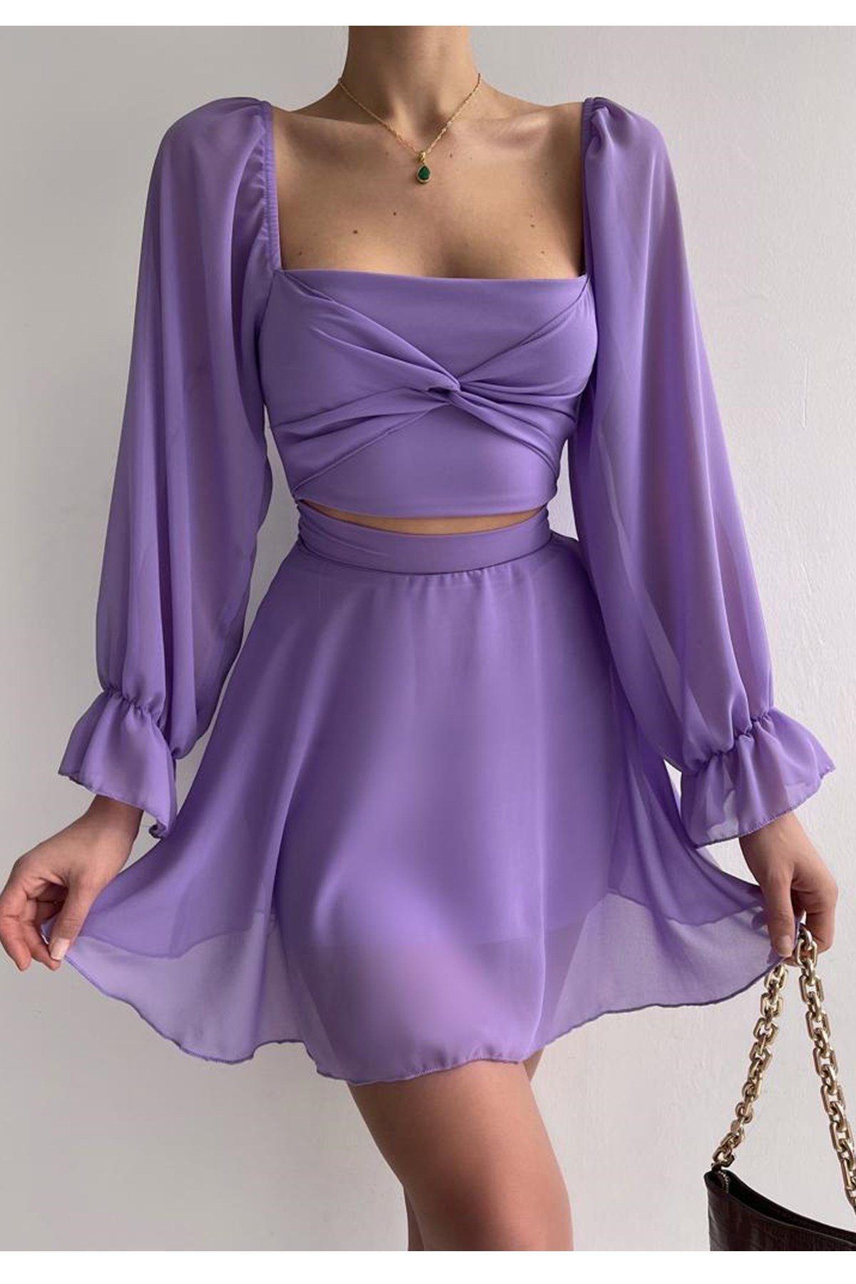 ÖNDEN BÜSTİYER VE ETEK GÖRÜNÜMLÜ ASTARLI ŞİFON KUMAŞ LİLA ELBİSE PURPLE MINI DRESS SD-013-LİLA