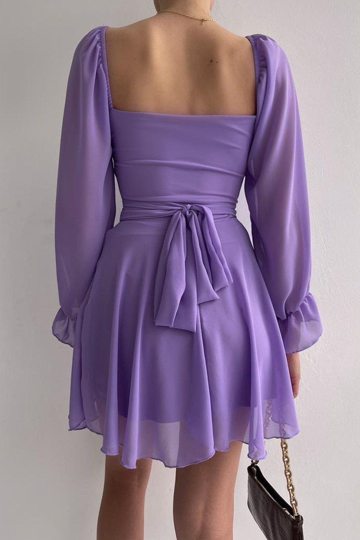 ÖNDEN BÜSTİYER VE ETEK GÖRÜNÜMLÜ ASTARLI ŞİFON KUMAŞ LİLA ELBİSE PURPLE MINI DRESS SD-013-LİLA