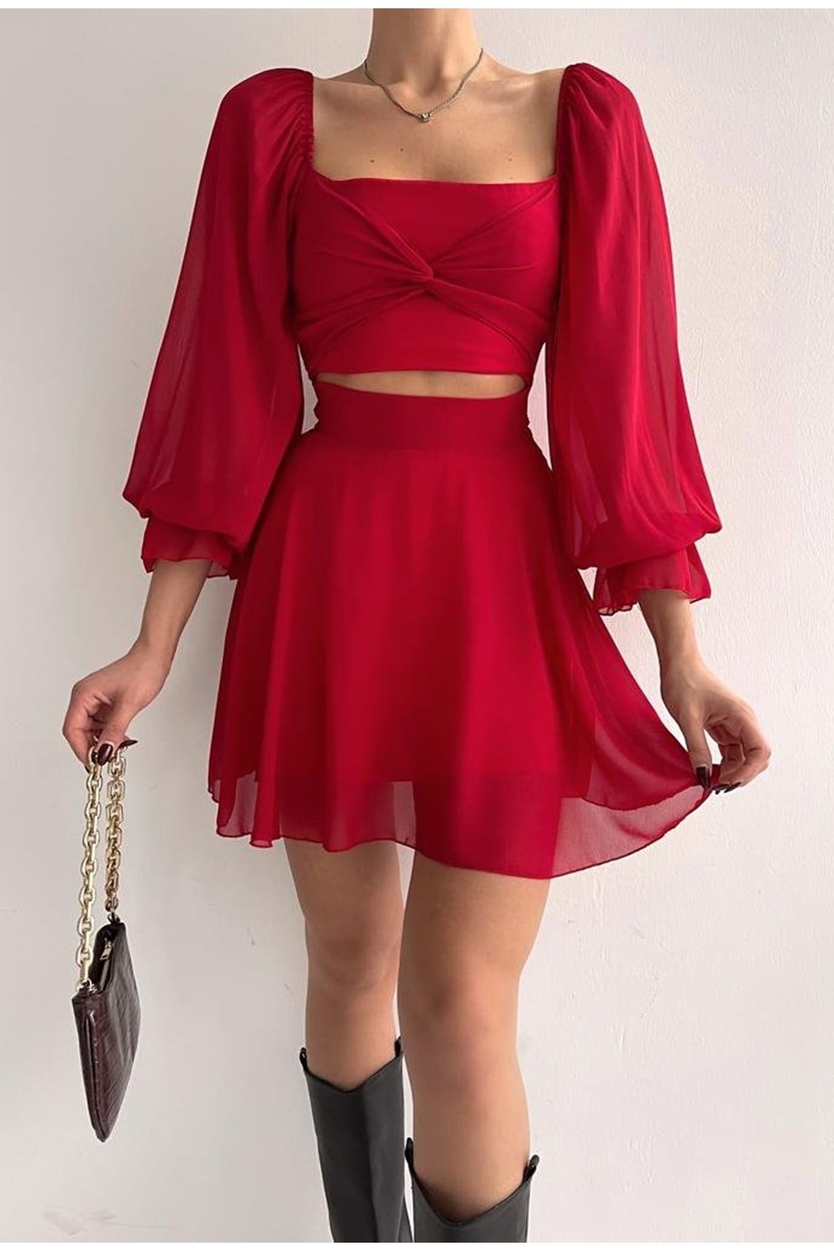 ÖNDEN BÜSTİYER VE ETEK GÖRÜNÜMLÜ ASTARLI ŞİFON KUMAŞ KIRMIZI ELBİSE RED MINI DRESS SD-013-KIRMIZI