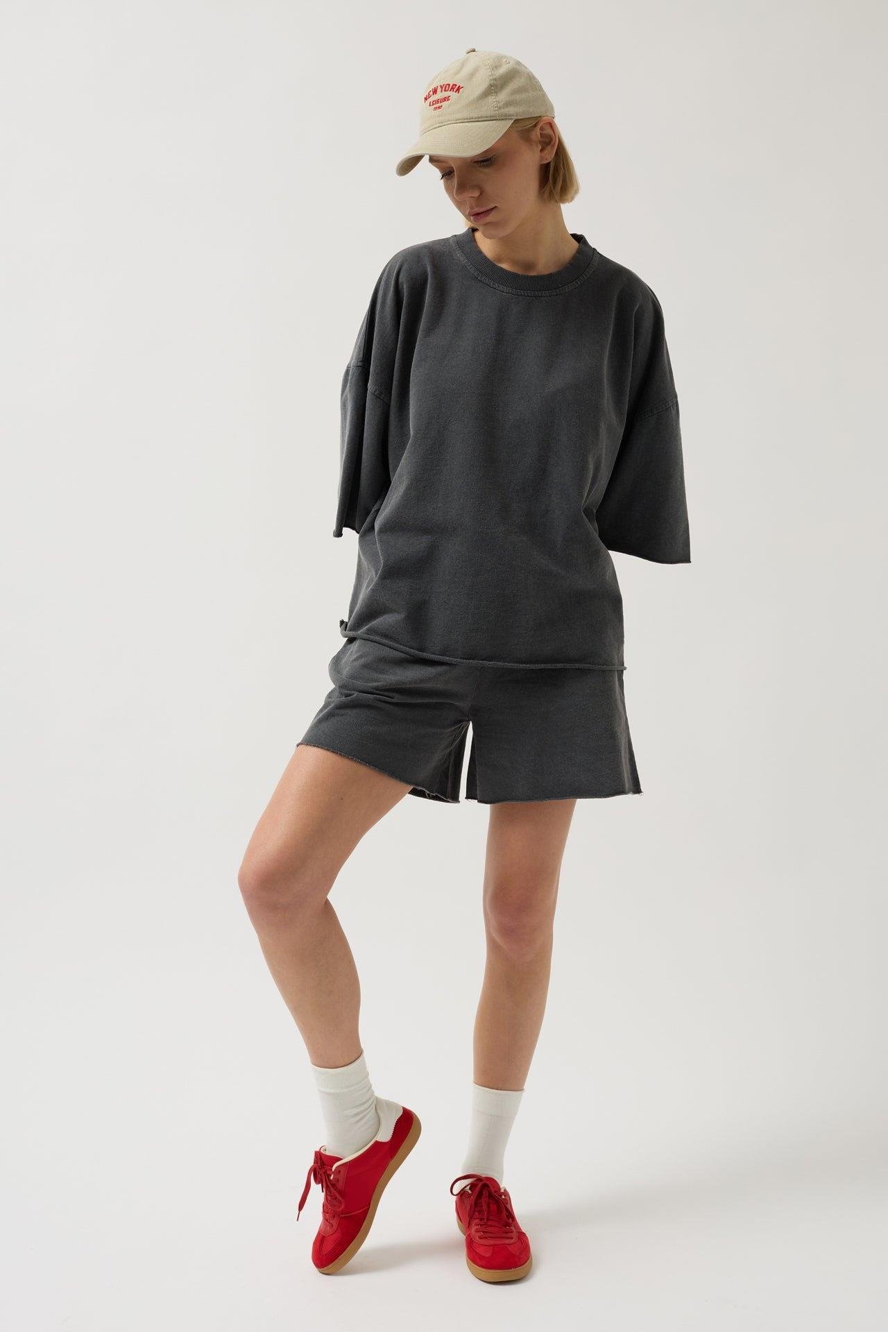 Oversize Lazer Kesim Bisiklet Yaka Antrasit T-Shirt