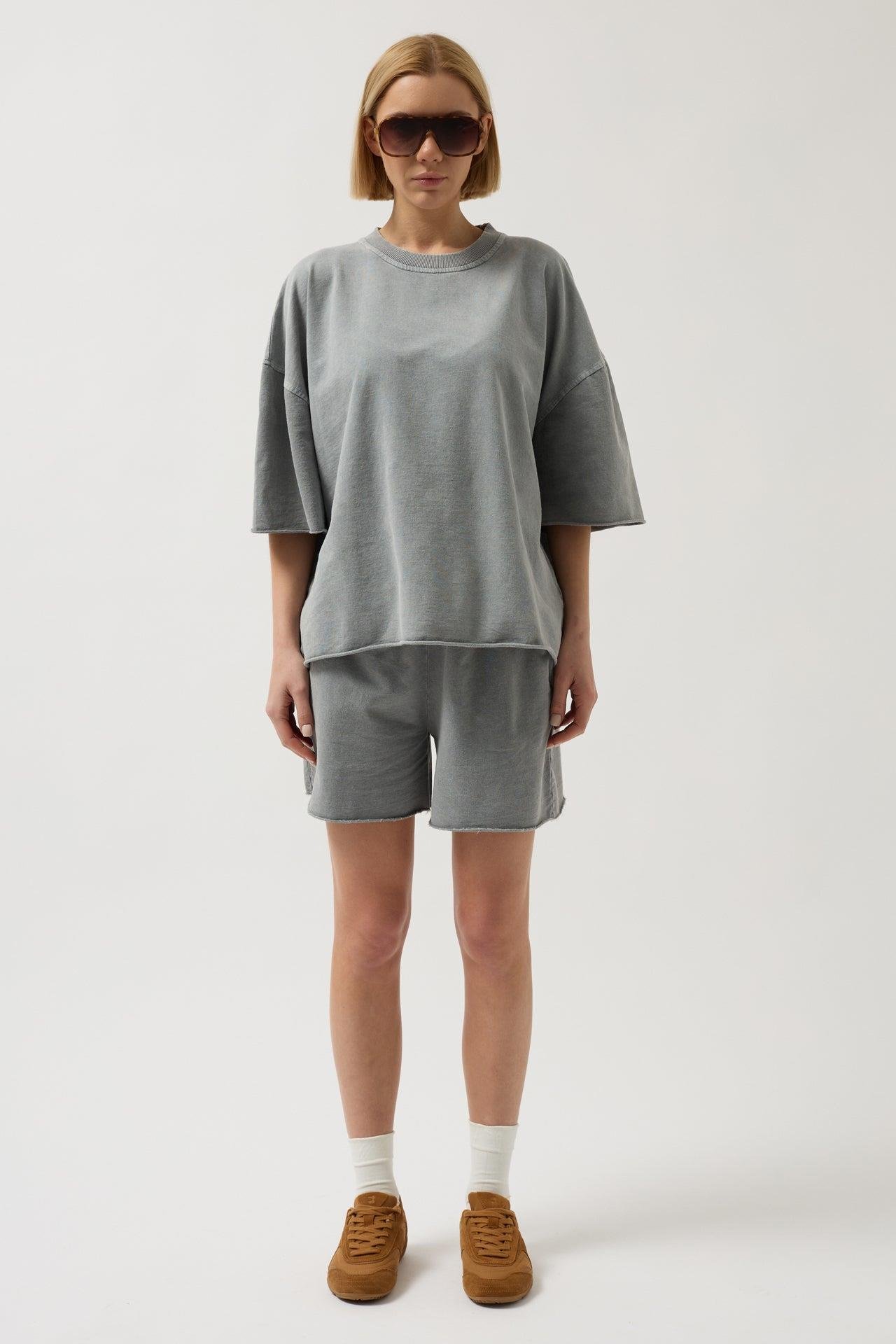 Oversize Lazer Kesim Bisiklet Yaka Gri T-Shirt