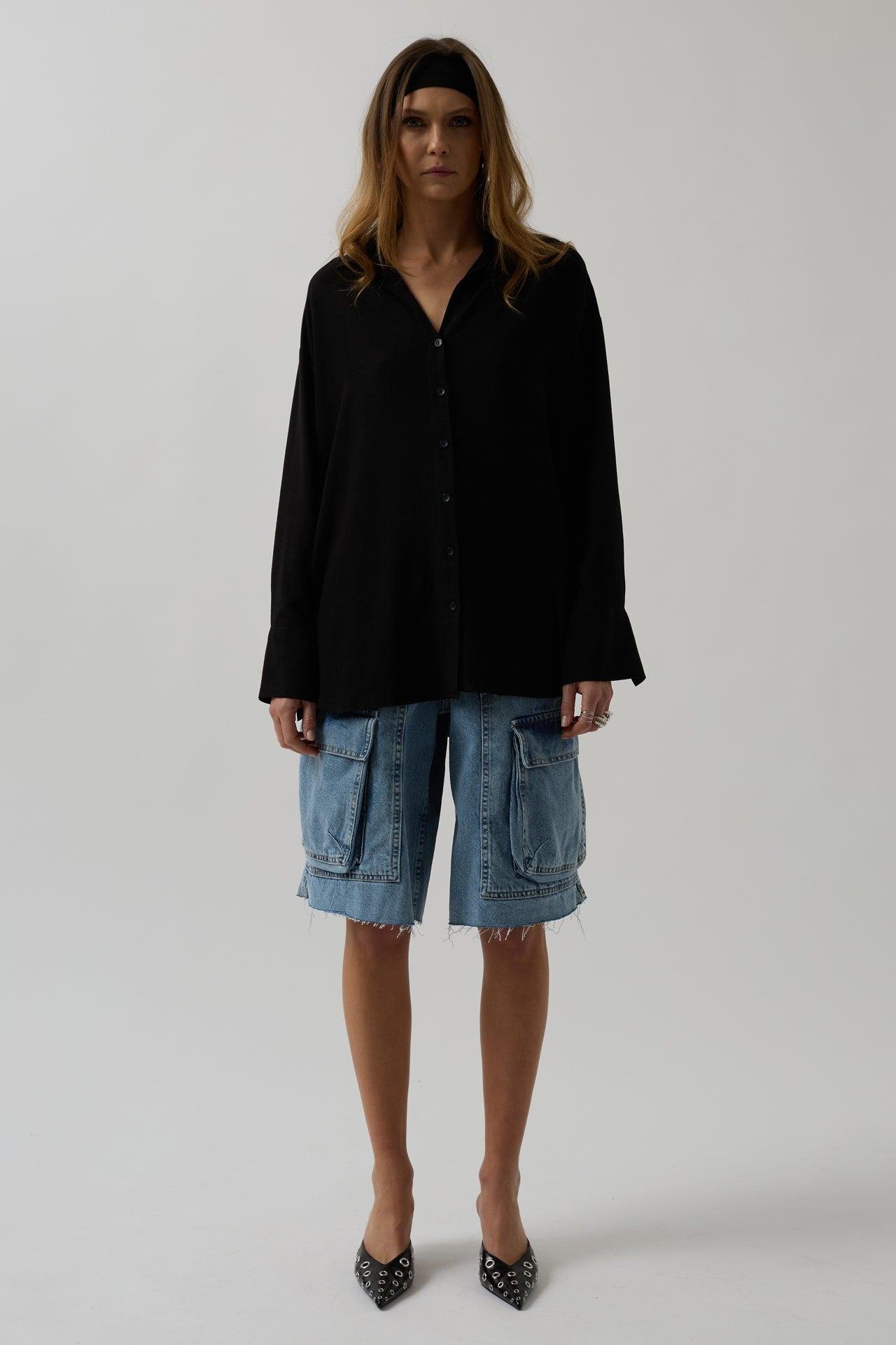Oversize Siyah Keten Gömlek