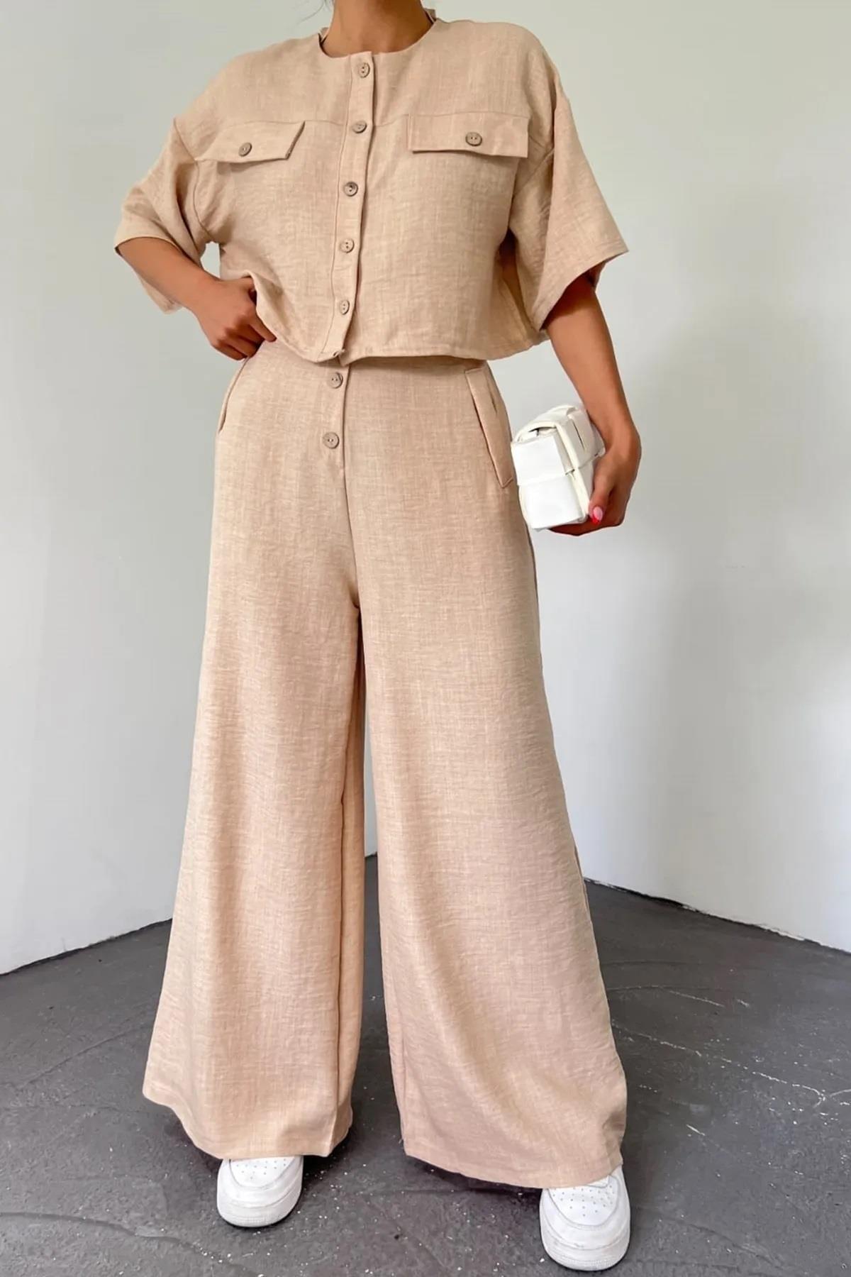 Pamuklu Kumaş Geniş Paça Pantolon ve Crop Üst Taş Rengi İkili Takım 5049-1