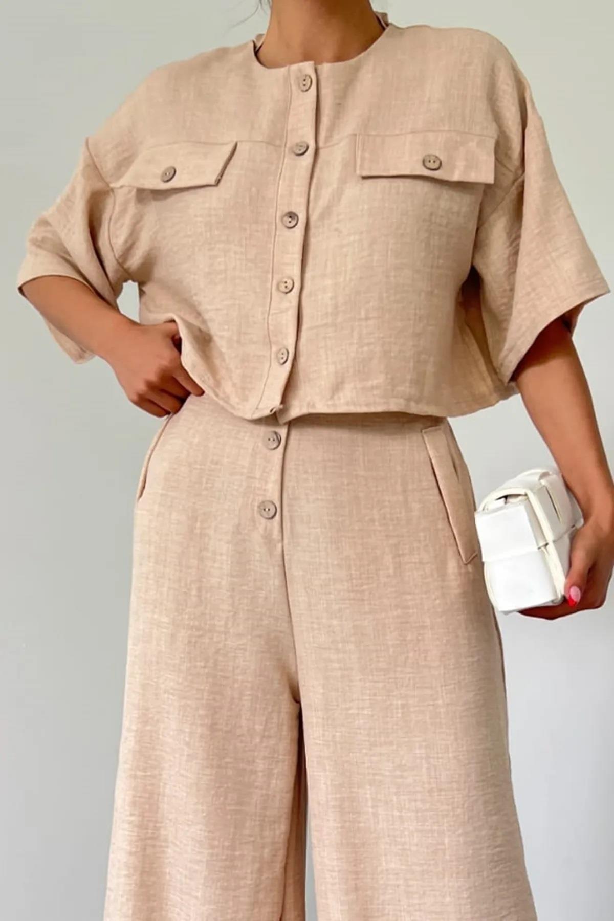 Pamuklu Kumaş Geniş Paça Pantolon ve Crop Üst Taş Rengi İkili Takım 5049-1