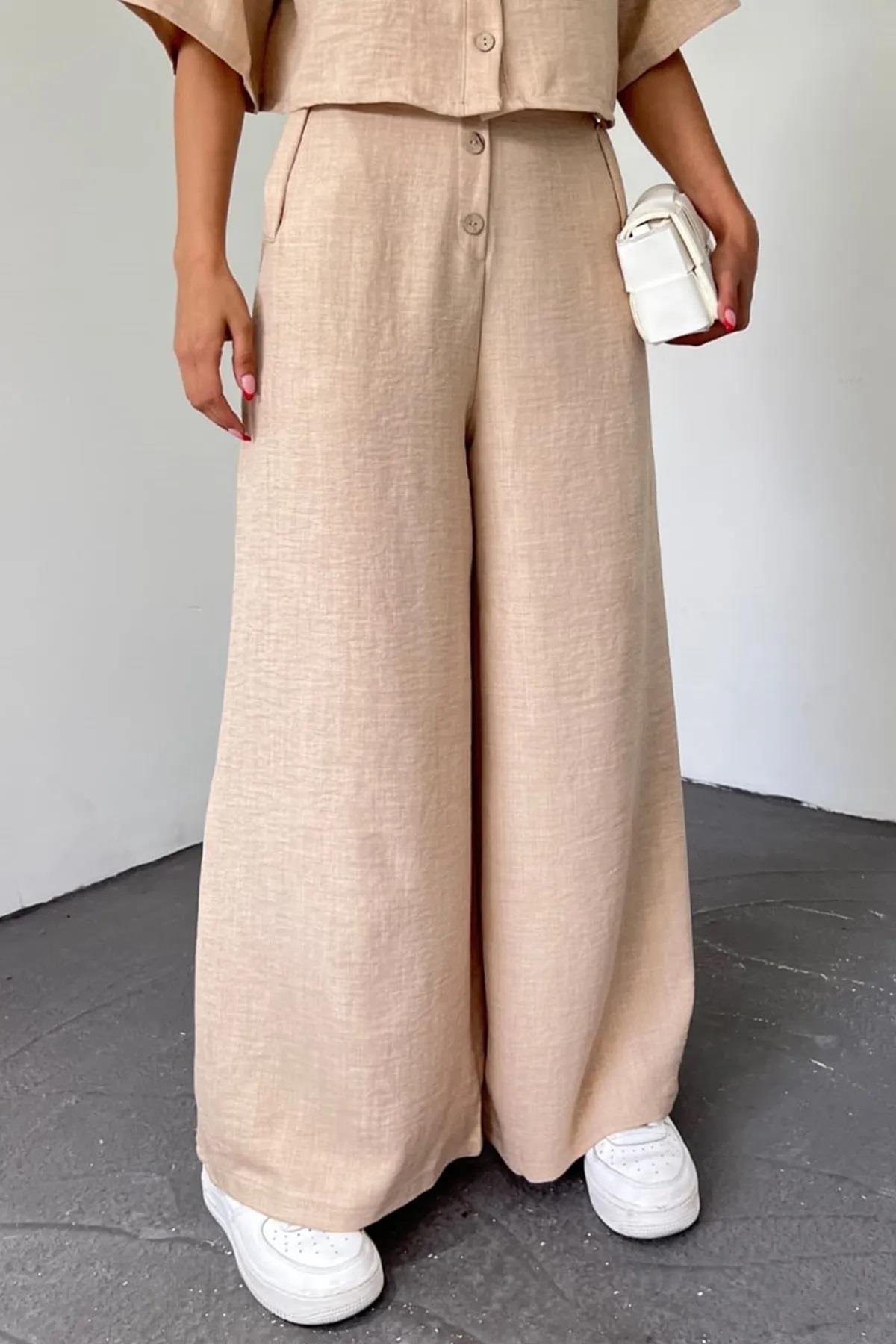 Pamuklu Kumaş Geniş Paça Pantolon ve Crop Üst Taş Rengi İkili Takım 5049-1