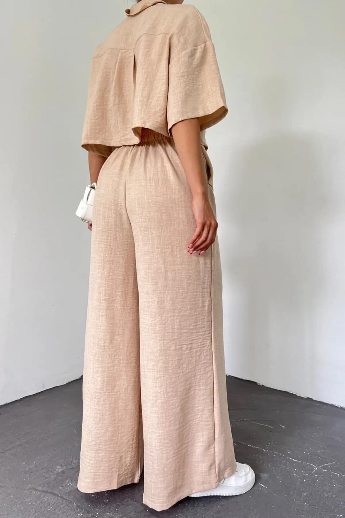Pamuklu Kumaş Geniş Paça Pantolon ve Crop Üst Taş Rengi İkili Takım 5049-1