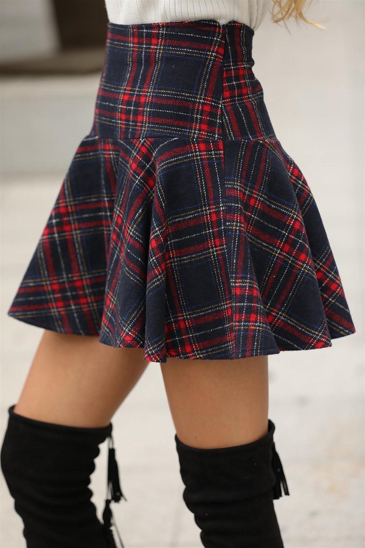 PAMUKLU KUMAŞ YÜKSEK BEL KIŞLIK MİNİ ETEK MINI SKIRT GOS-8226-LACİVERT