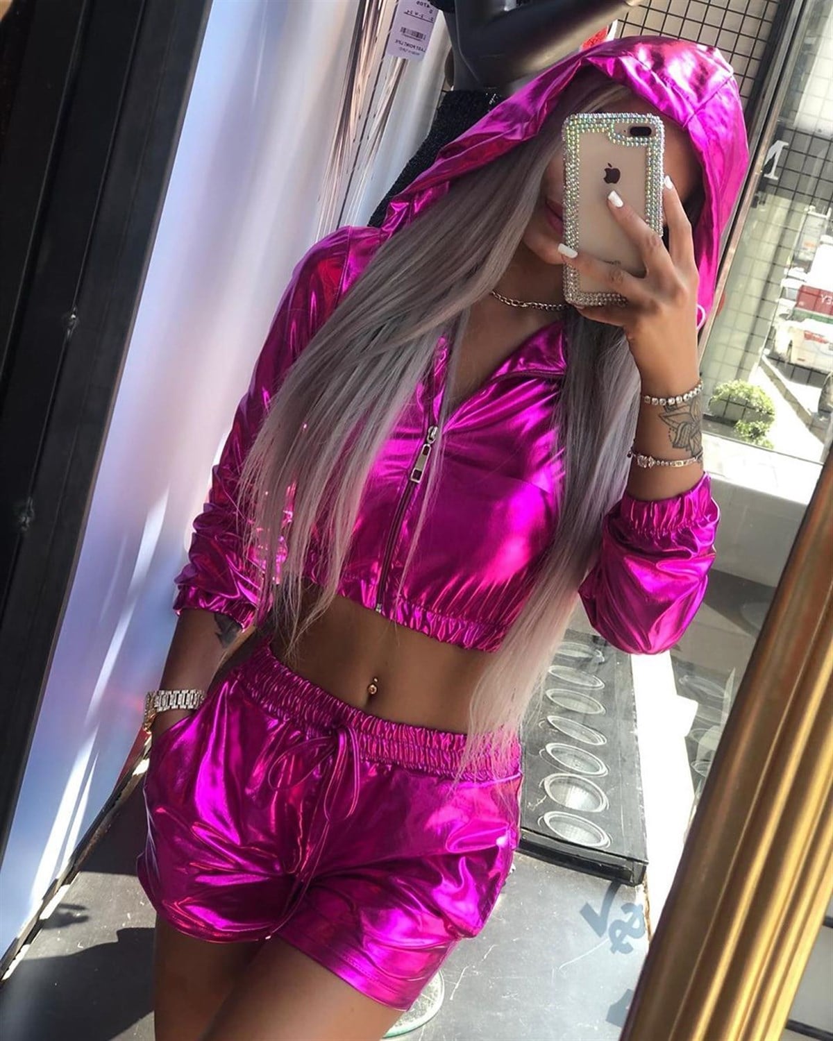 PEMBE PARLAK LAME KUMAŞ ŞORT VE CEKET TAKIM PEMBE CEKET VE ŞORT TAKIM PEMBE SPOR TAKIM PINK SPORT SET LP-268-1