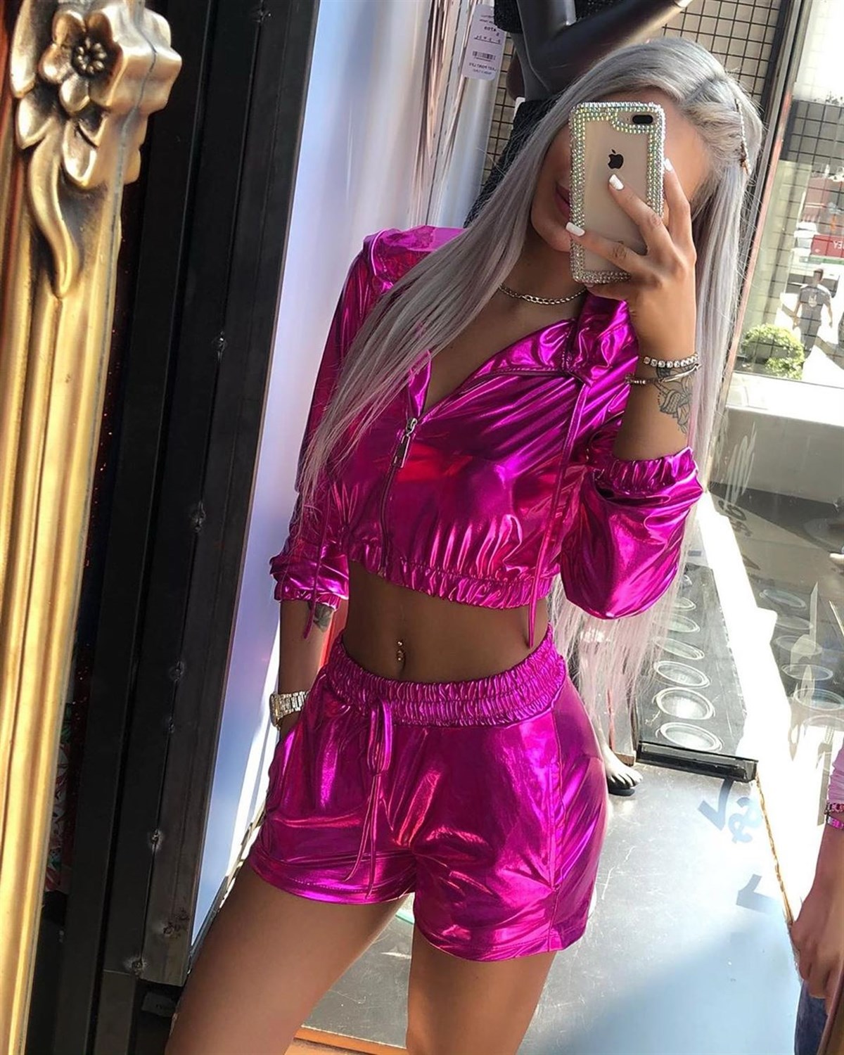 PEMBE PARLAK LAME KUMAŞ ŞORT VE CEKET TAKIM PEMBE CEKET VE ŞORT TAKIM PEMBE SPOR TAKIM PINK SPORT SET LP-268-1