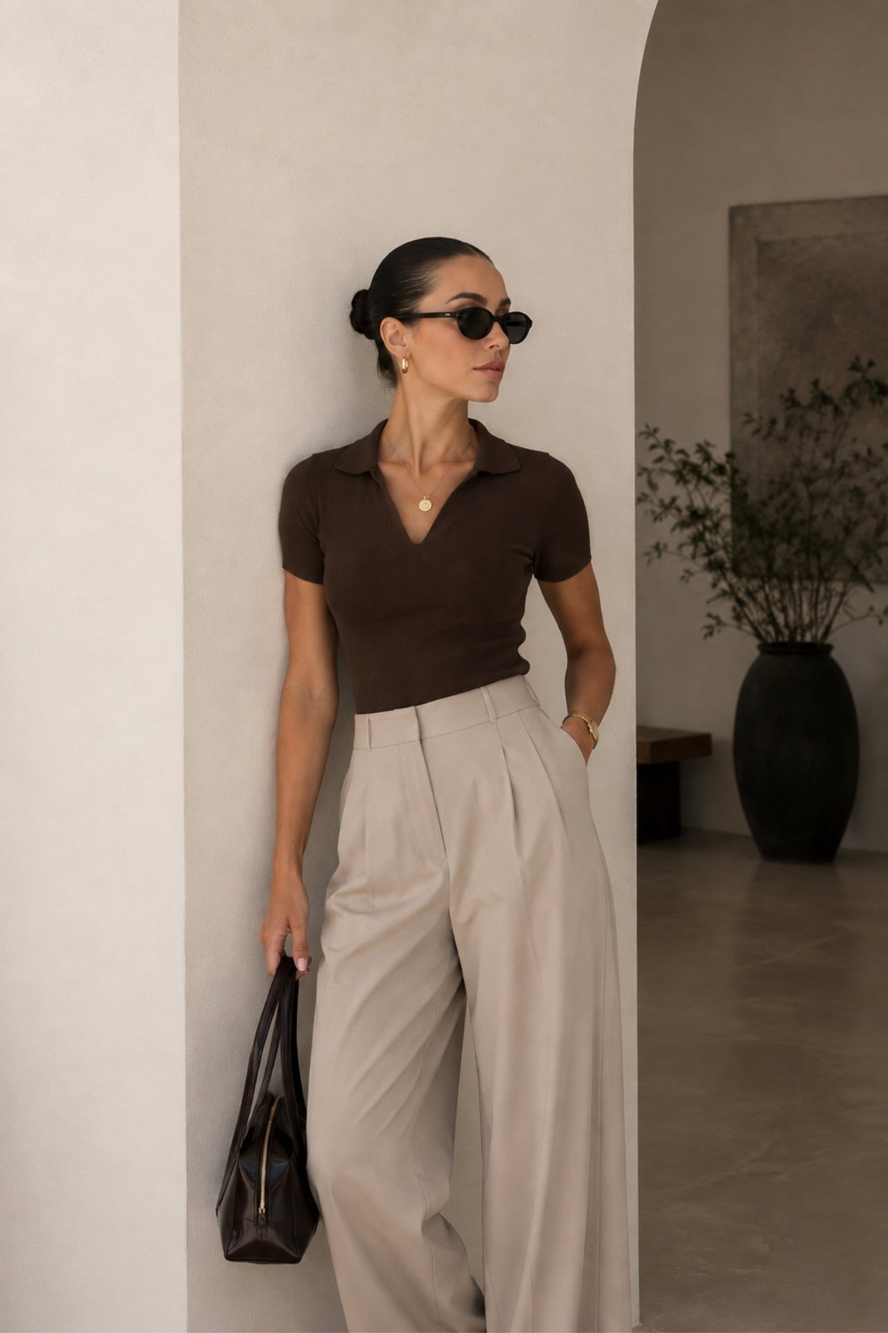 Polo Yaka Triko Kahverengi Crop Bluz