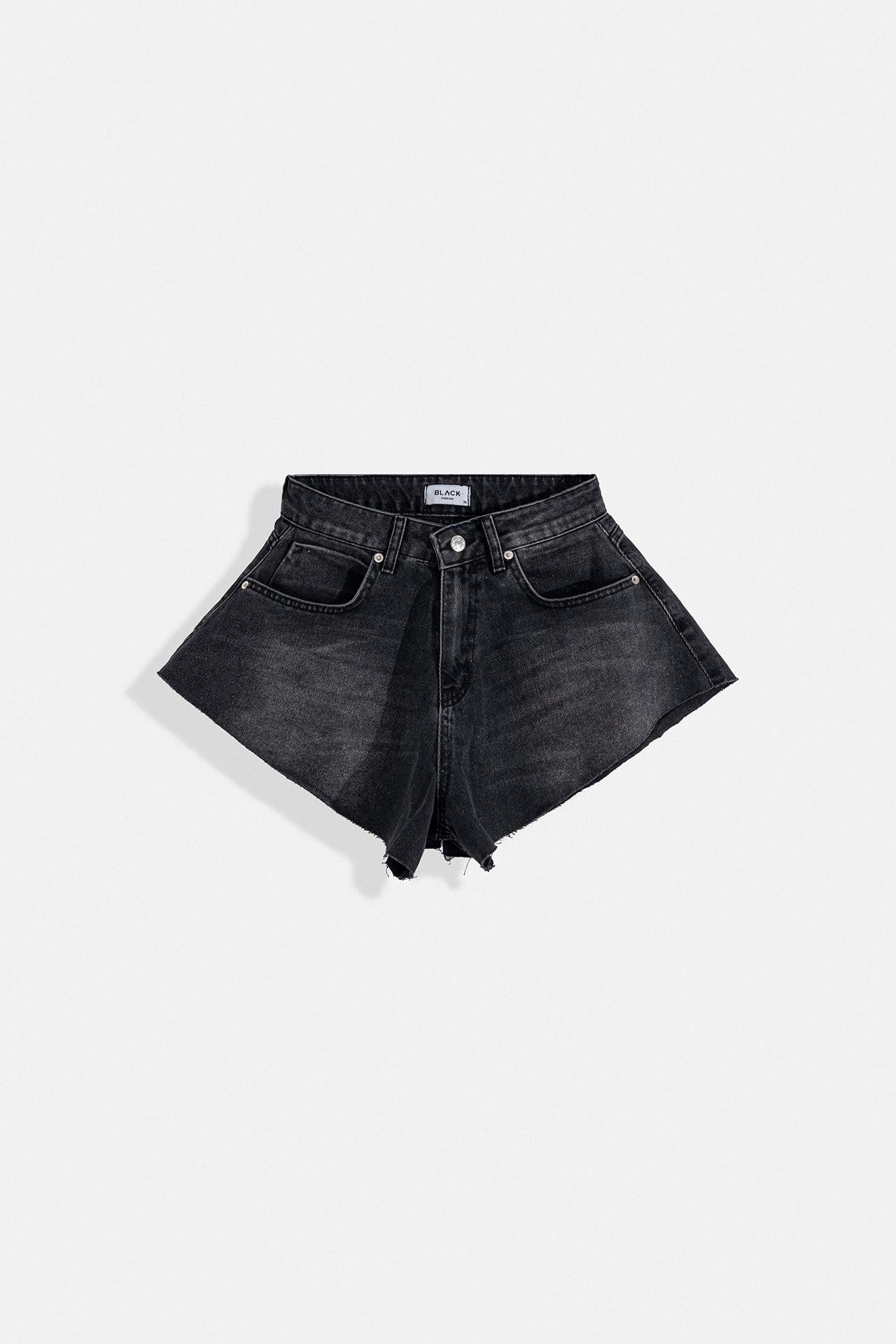 Saçaklı Denim Siyah Şort