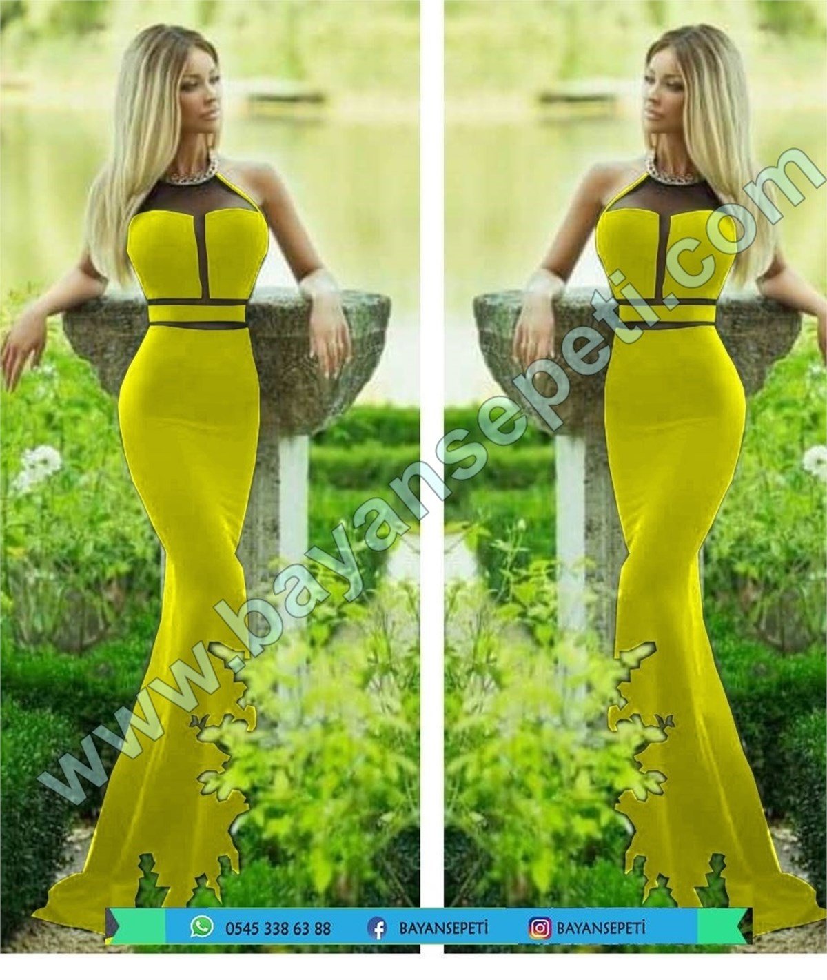 SARI SANDY KUMAŞ DEKOLTELİ UZUN ABİYE ELBİSE DNM-318-9