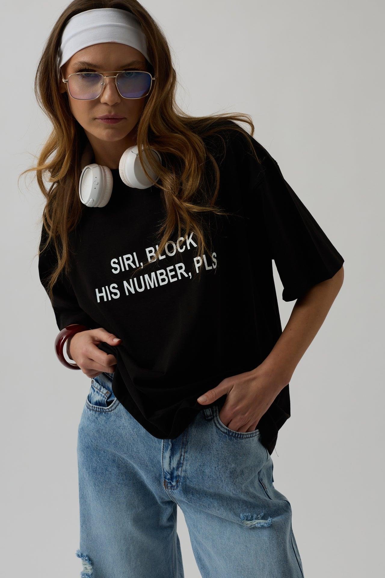 Siri Ön Baskılı Oversize Siyah T-Shirt
