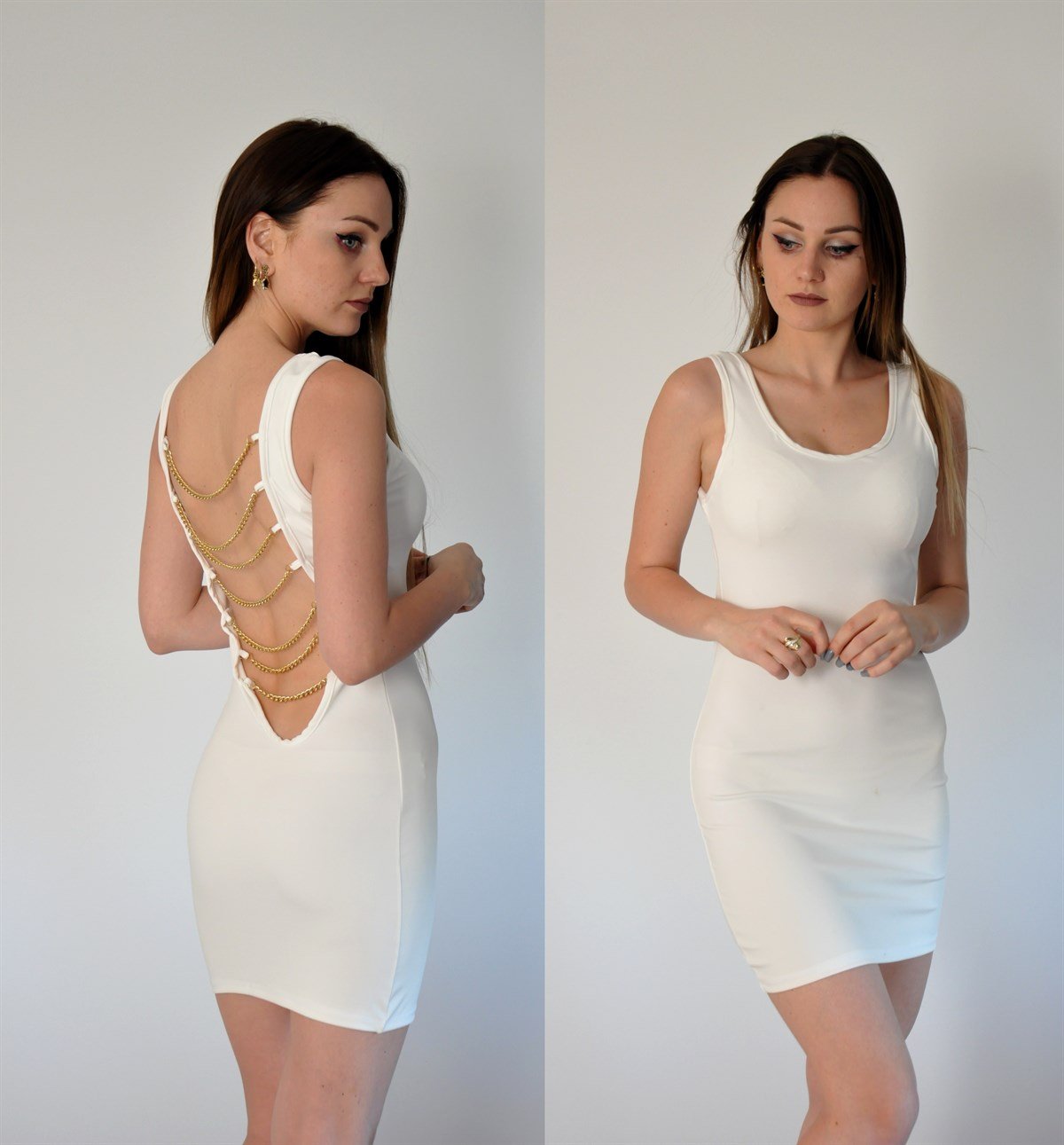 SIRT DEKOLTELİ ZİNCİR DETAYLI ESNEK DALGIÇ KUMAŞ BEYAZ MİNİ ELBİSE SIRT DEKOLTELİ BEYAZ MİNİ ELBİSE WHITE MINI DRESS DNM-345-2