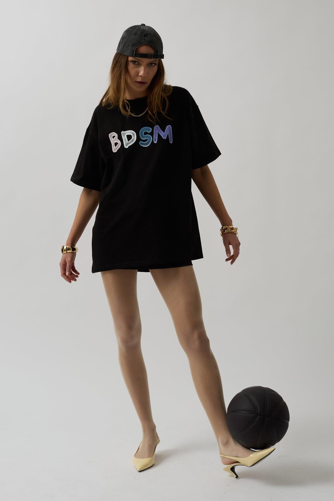Sırt ve Ön Baskılı Oversize Siyah T-Shirt