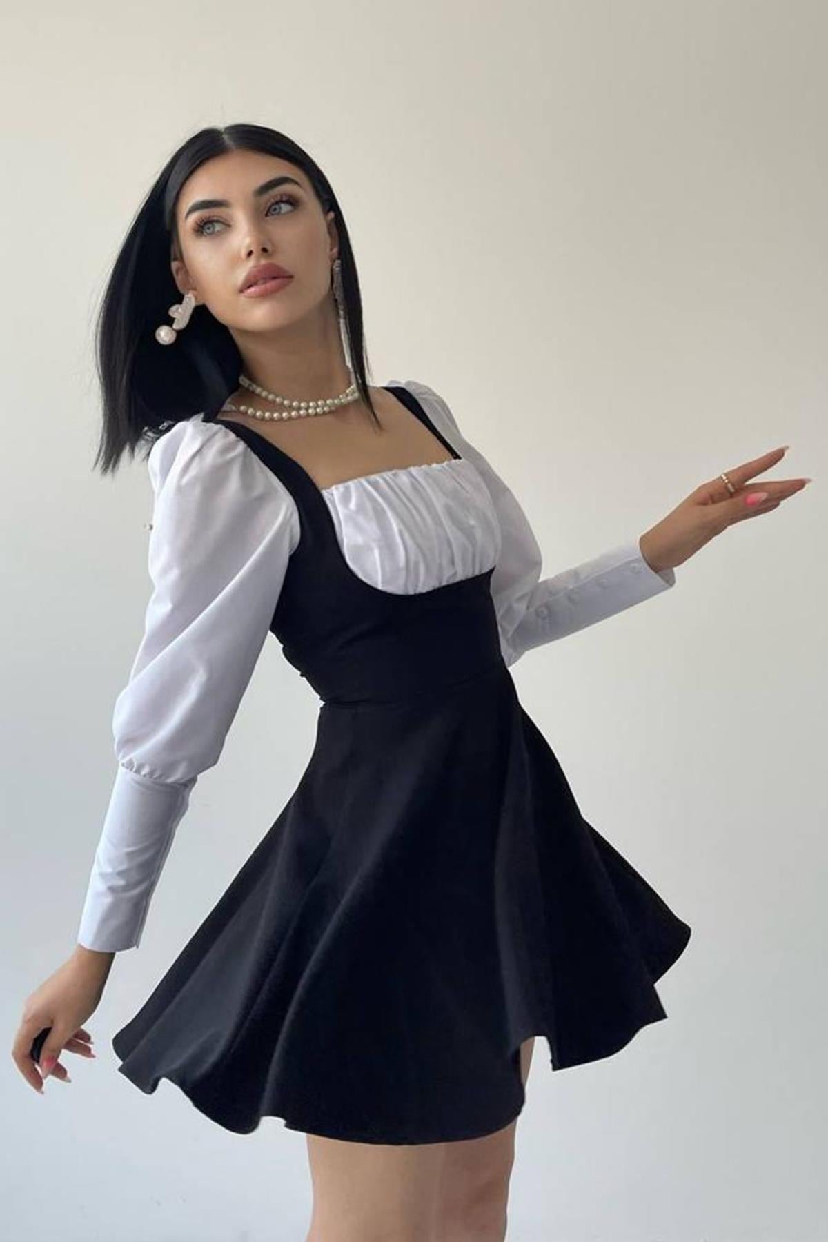 Siyah Beyaz Krep Kumaş Şık Tasarım Uzun Kollu Kloş Mini Abiye Elbise 141