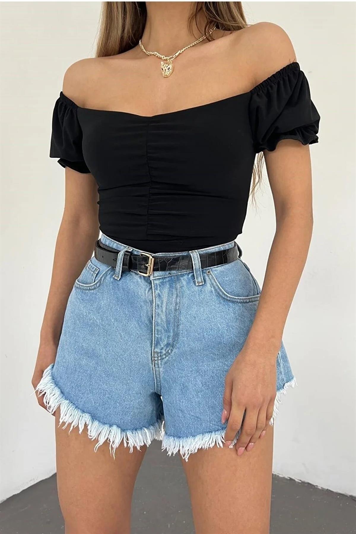 Siyah Sandy Kumaş Degaje Yaka Büzgü Detaylı Kısa Kollu Crop Bluz 10059