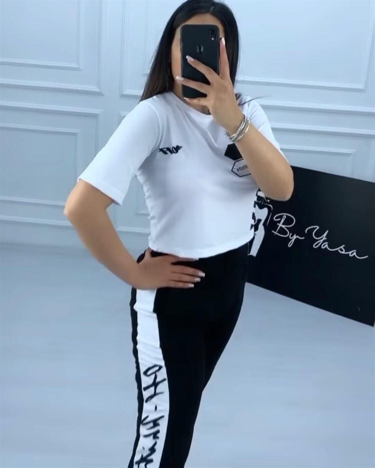 T-SHİRT VE EŞOFMAN ALT TAKI SİYAH BEYAZ SPOR TAKIM WOMAN SPORTSWEAR SET ZN-006