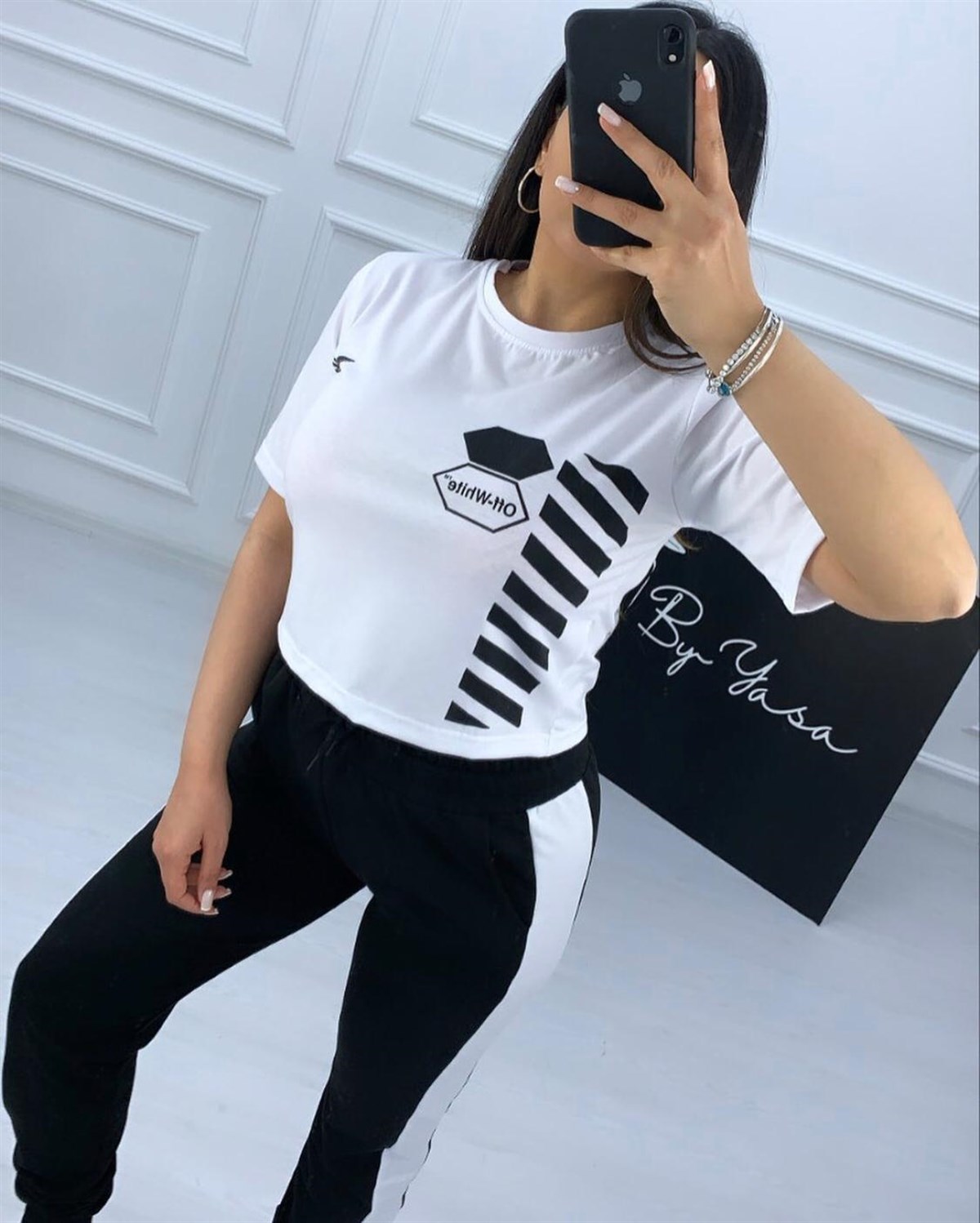 T-SHİRT VE EŞOFMAN ALT TAKI SİYAH BEYAZ SPOR TAKIM WOMAN SPORTSWEAR SET ZN-006