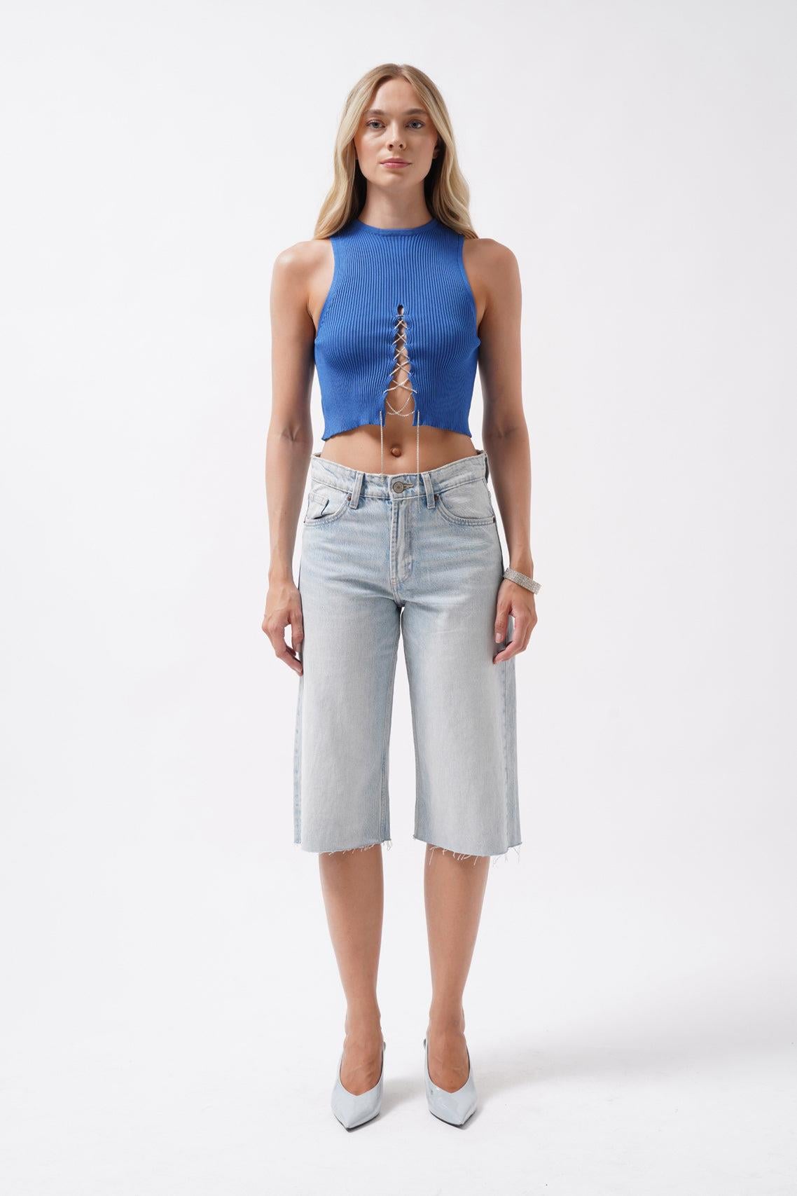 Taş Detay Dekolteli Saks Crop Bluz