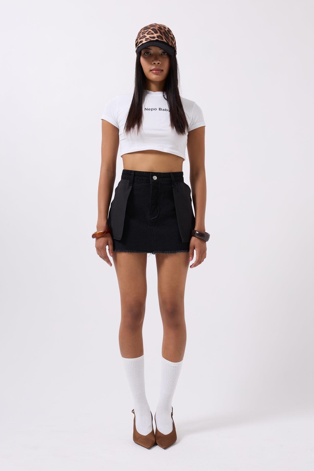 Ters Detay Denim Mini Siyah Etek