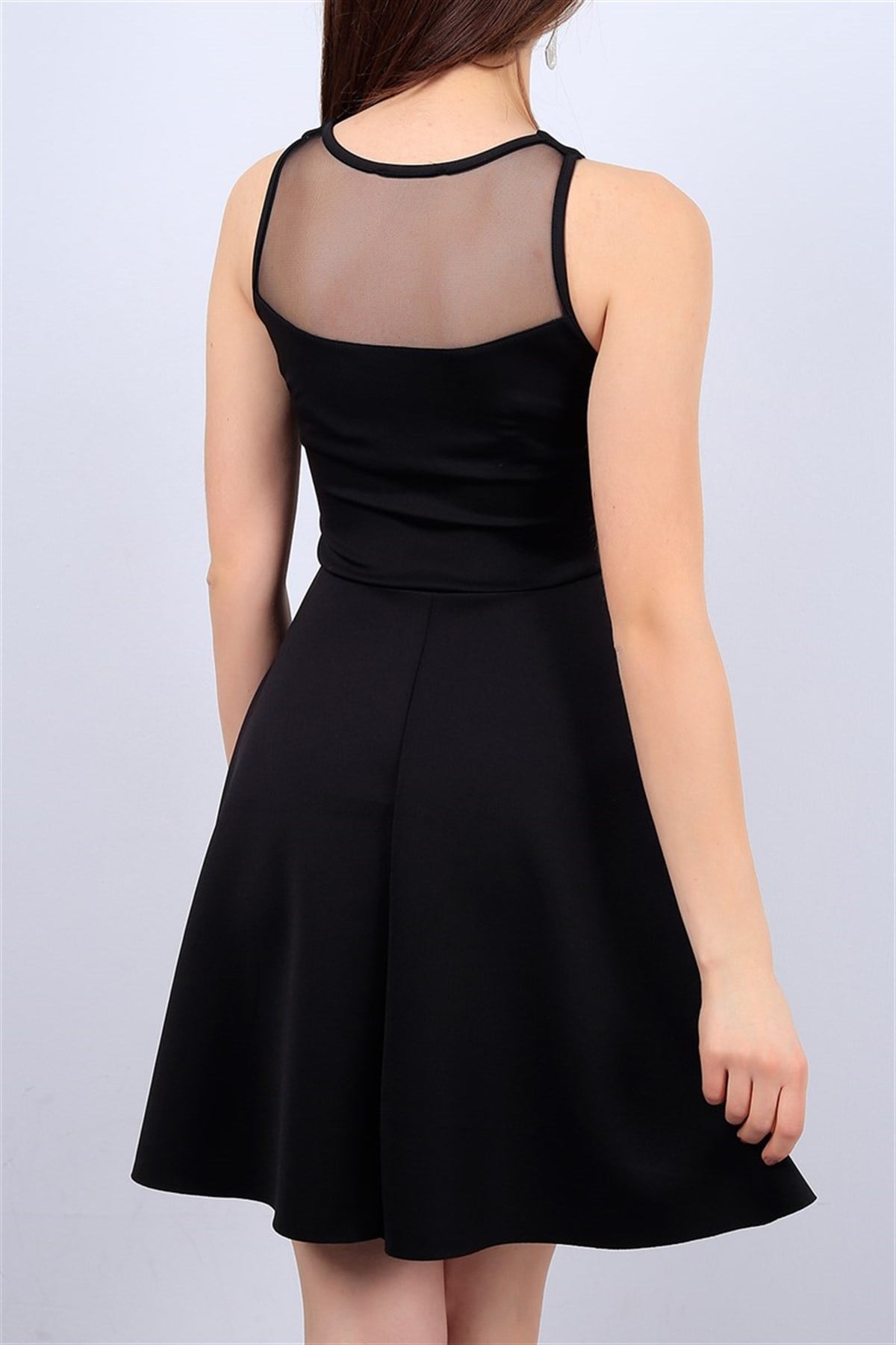 TRANSPARAN DETAYLI ESNEK SCUBA KUMAŞ KOLSUZ SİYAH MİNİ ABİYE ELBİSE SİYAH MİNİ ELBİSE SLEVELESS BLACK MINI DRESS GOS-2222