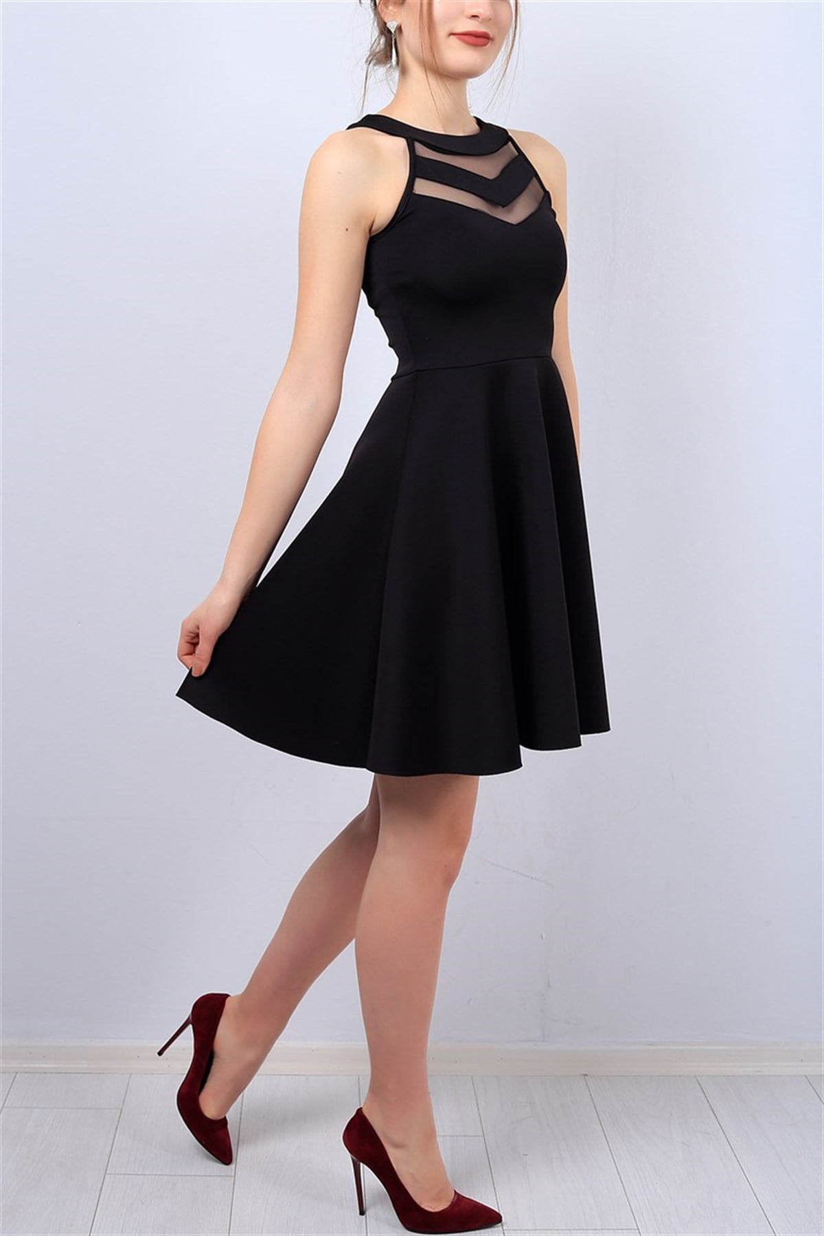 TRANSPARAN DETAYLI ESNEK SCUBA KUMAŞ KOLSUZ SİYAH MİNİ ABİYE ELBİSE SİYAH MİNİ ELBİSE SLEVELESS BLACK MINI DRESS GOS-2222