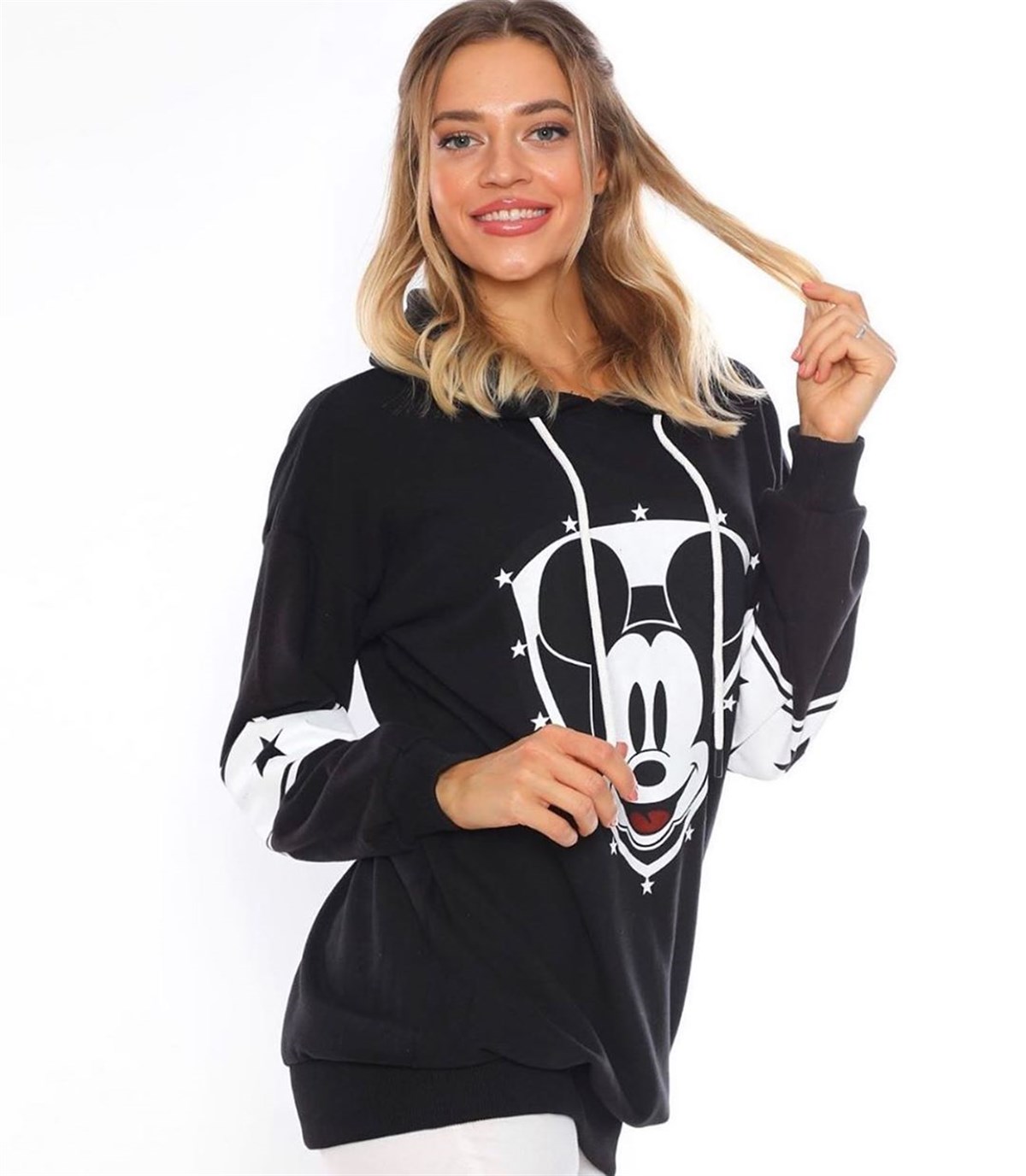 ÜÇİPLİK ESNEK KUMAŞ DİSNEY BASKILI UZUN KOLLU SİYAH SPOR SWEATSHIRT WOMAN SPORTSWEAR BLACK SWEATSHRT ZN-010-SİYAH