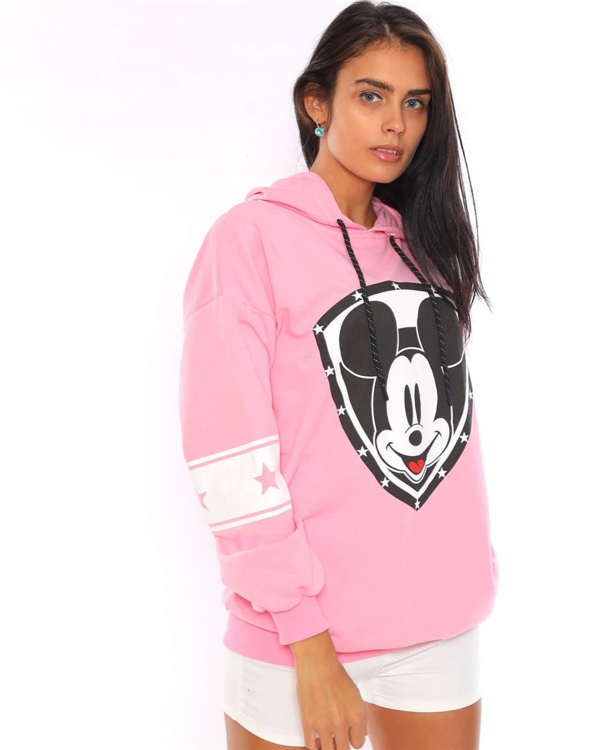 ÜÇİPLİK ESNEK KUMAŞ DİSNEY BASKILI UZUN KOLLU PEMBE SPOR SWEATSHIRT WOMAN SPORTSWEAR GREY SWEATSHRT ZN-010-PEMBE