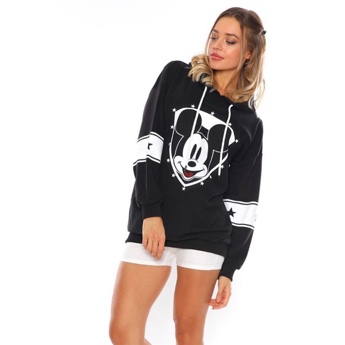 ÜÇİPLİK ESNEK KUMAŞ DİSNEY BASKILI UZUN KOLLU SİYAH SPOR SWEATSHIRT WOMAN SPORTSWEAR BLACK SWEATSHRT ZN-010-SİYAH