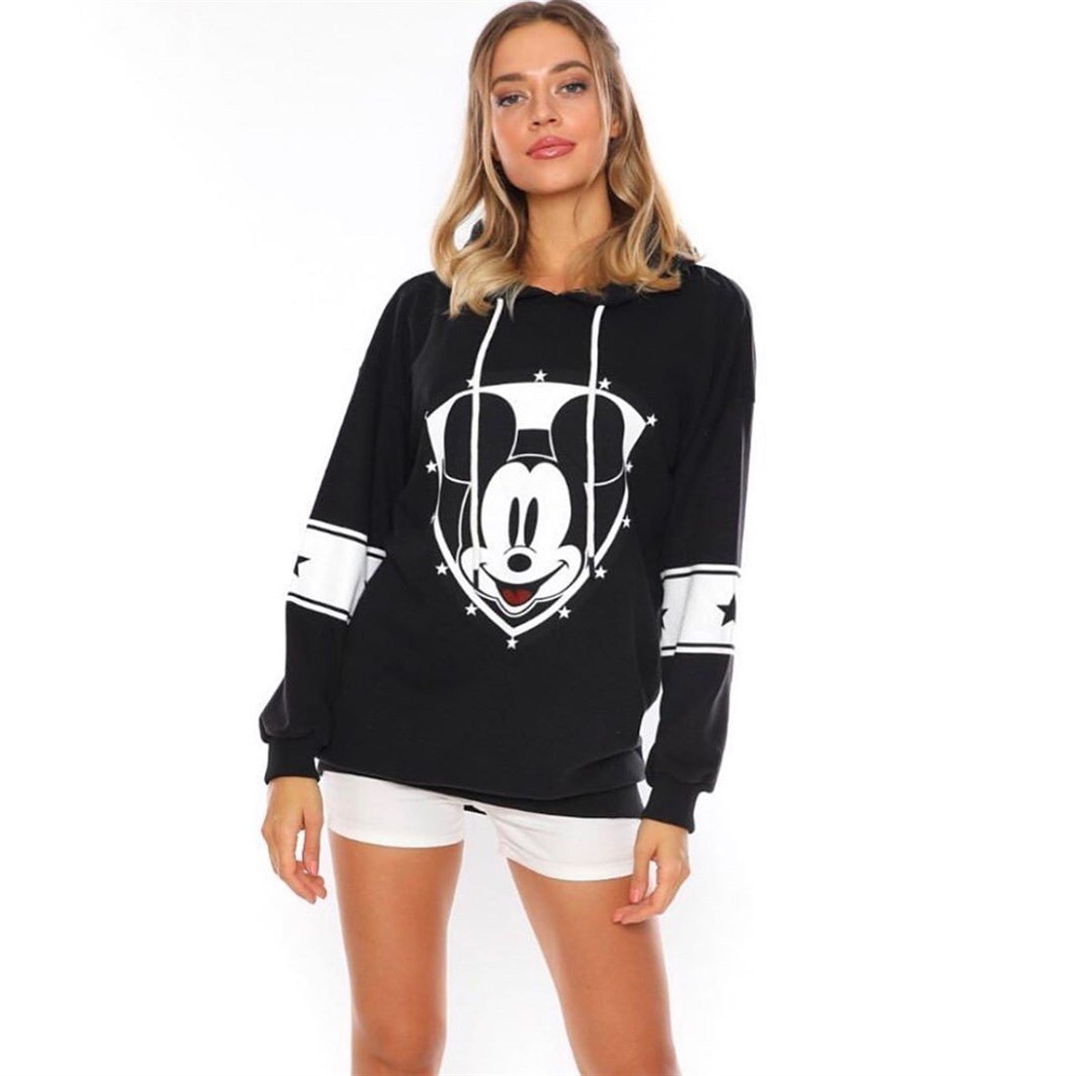 ÜÇİPLİK ESNEK KUMAŞ DİSNEY BASKILI UZUN KOLLU SİYAH SPOR SWEATSHIRT WOMAN SPORTSWEAR BLACK SWEATSHRT ZN-010-SİYAH
