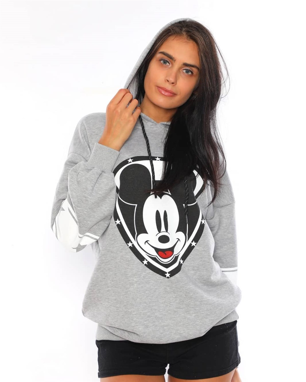 ÜÇİPLİK ESNEK KUMAŞ DİSNEY BASKILI UZUN KOLLU GRİ SPOR SWEATSHIRT WOMAN SPORTSWEAR GREY SWEATSHRT ZN-010-GRİ