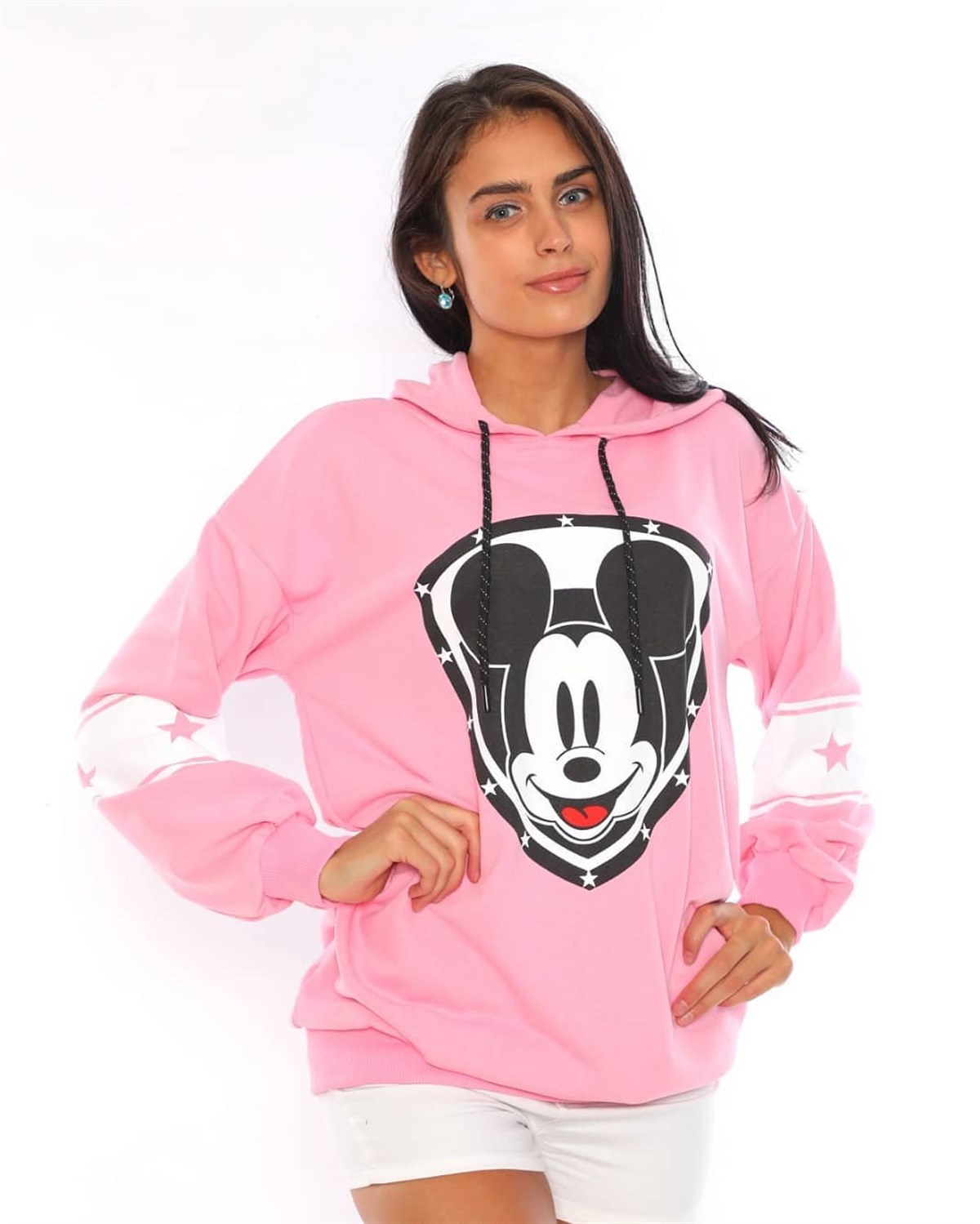 ÜÇİPLİK ESNEK KUMAŞ DİSNEY BASKILI UZUN KOLLU PEMBE SPOR SWEATSHIRT WOMAN SPORTSWEAR GREY SWEATSHRT ZN-010-PEMBE