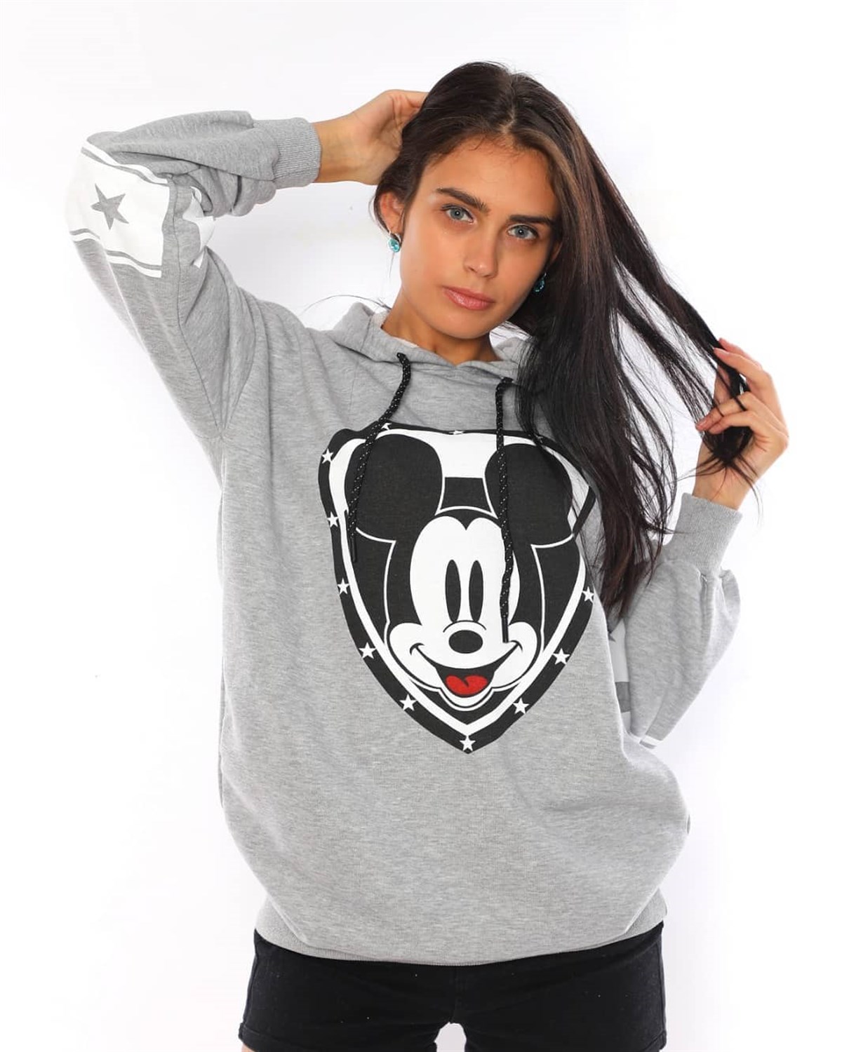 ÜÇİPLİK ESNEK KUMAŞ DİSNEY BASKILI UZUN KOLLU GRİ SPOR SWEATSHIRT WOMAN SPORTSWEAR GREY SWEATSHRT ZN-010-GRİ