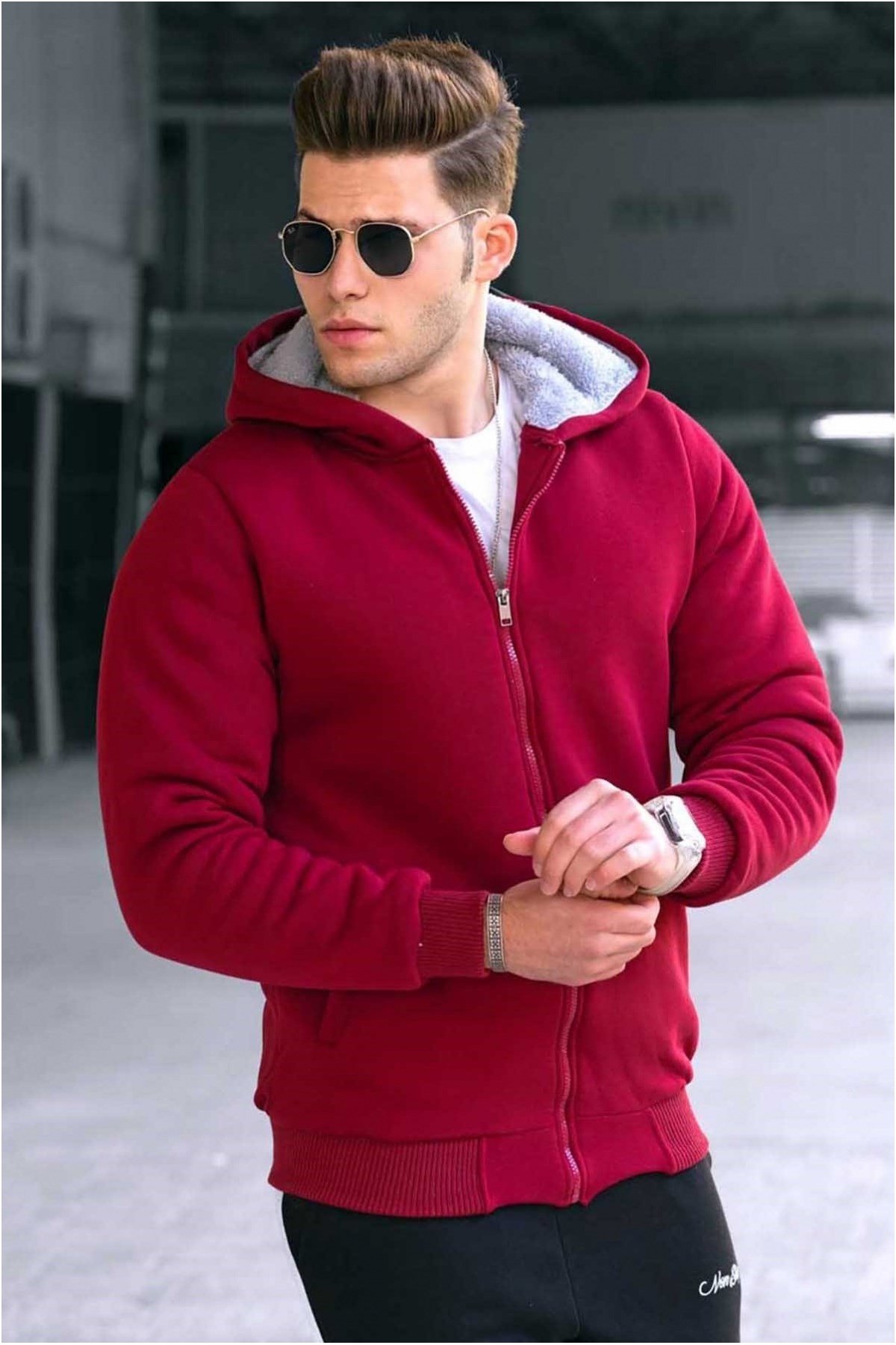 ÜÇİPLİK İÇİ PELUŞ KAPİŞONLU BORDO ERKEK MONT DMN-090-BORDO