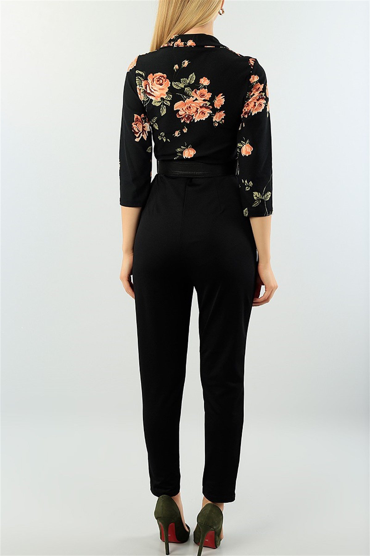 ÜST KISMI ÇİÇEK DESENLİ KEMER DETAYLI TEK PARÇA SİYAH TULUM SİYAH BODYSUİT SİYAH GÜNLÜK TULUM BLACK BODYSUIT HY-73731