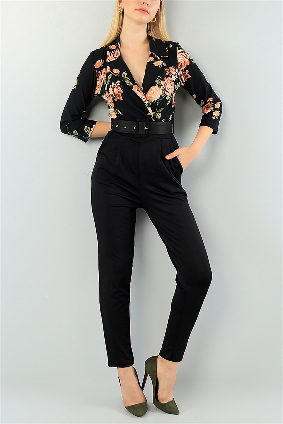 ÜST KISMI ÇİÇEK DESENLİ KEMER DETAYLI TEK PARÇA SİYAH TULUM SİYAH BODYSUİT SİYAH GÜNLÜK TULUM BLACK BODYSUIT HY-73731
