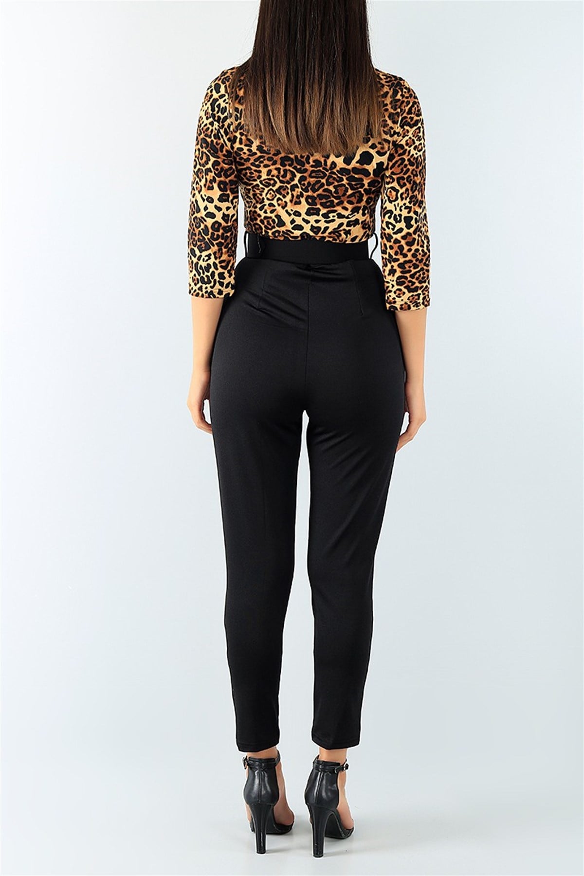 ÜST KISMI LEOPAR DESENLİ KEMER DETAYLI TEK PARÇA SİYAH TULUM SİYAH BODYSUİT SİYAH GÜNLÜK TULUM BLACK BODYSUIT HY-73730