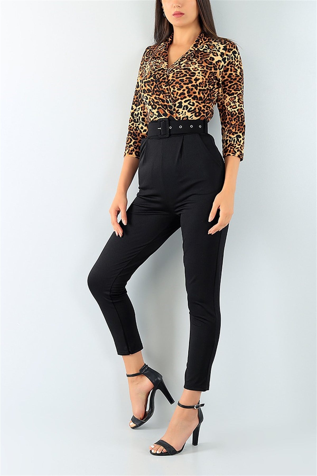 ÜST KISMI LEOPAR DESENLİ KEMER DETAYLI TEK PARÇA SİYAH TULUM SİYAH BODYSUİT SİYAH GÜNLÜK TULUM BLACK BODYSUIT HY-73730