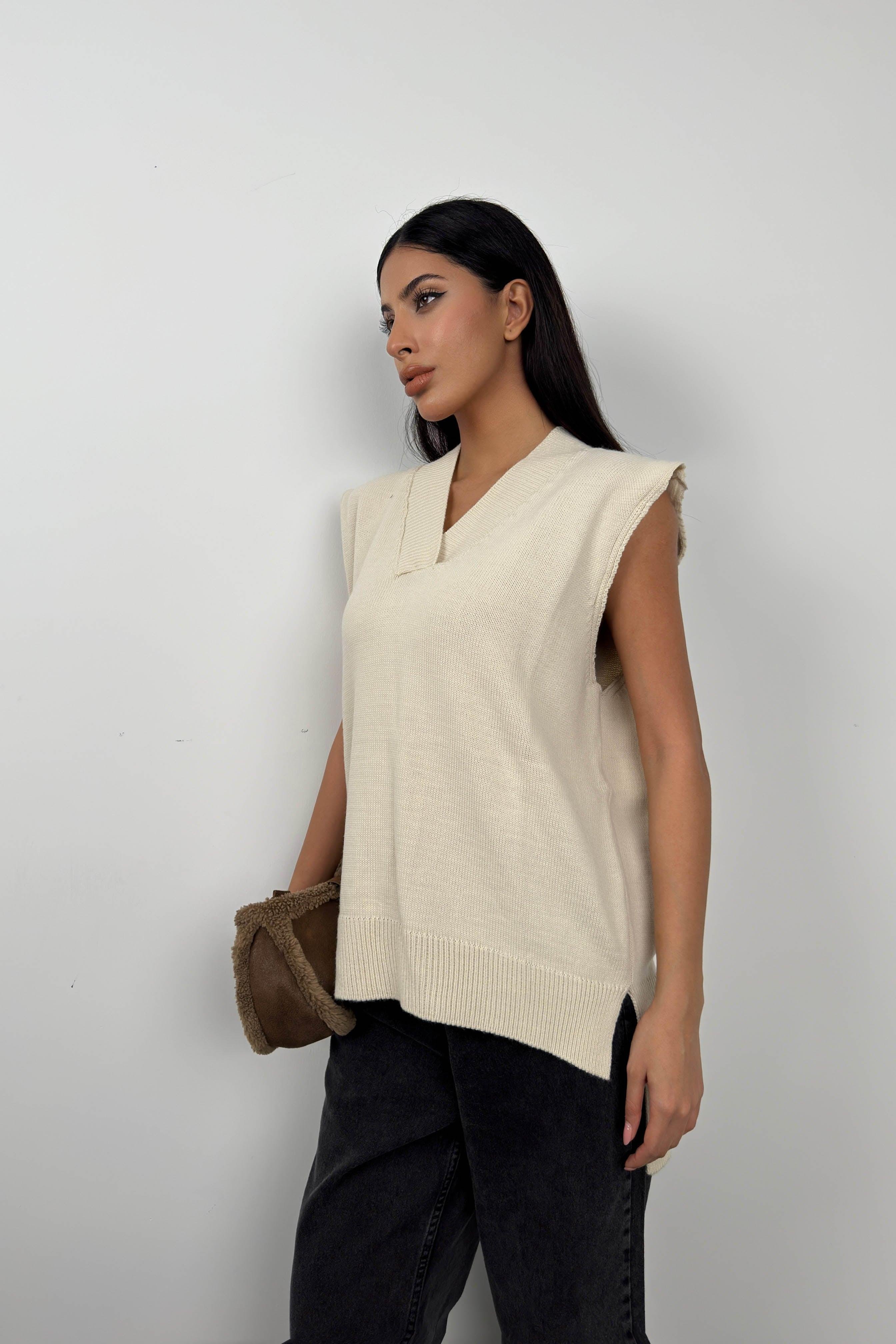 V Yaka Bej Oversize Süveter